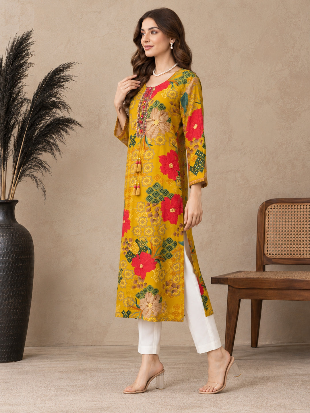 Floral Printed Thread Work Thread Work Kurti