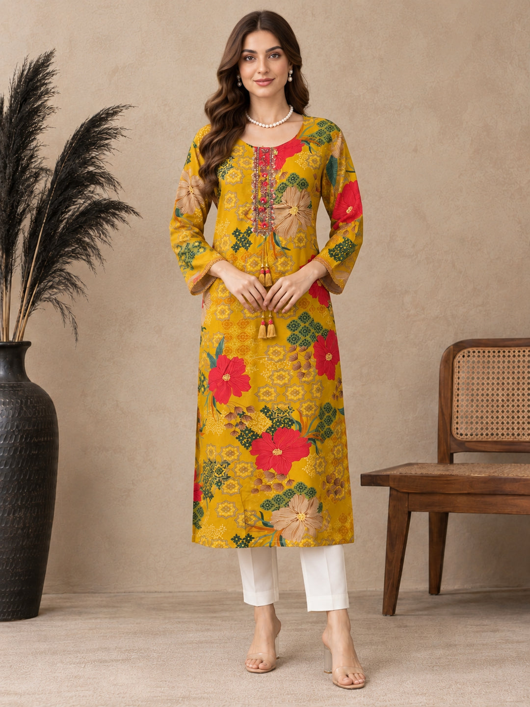Floral Printed Thread Work Thread Work Kurti