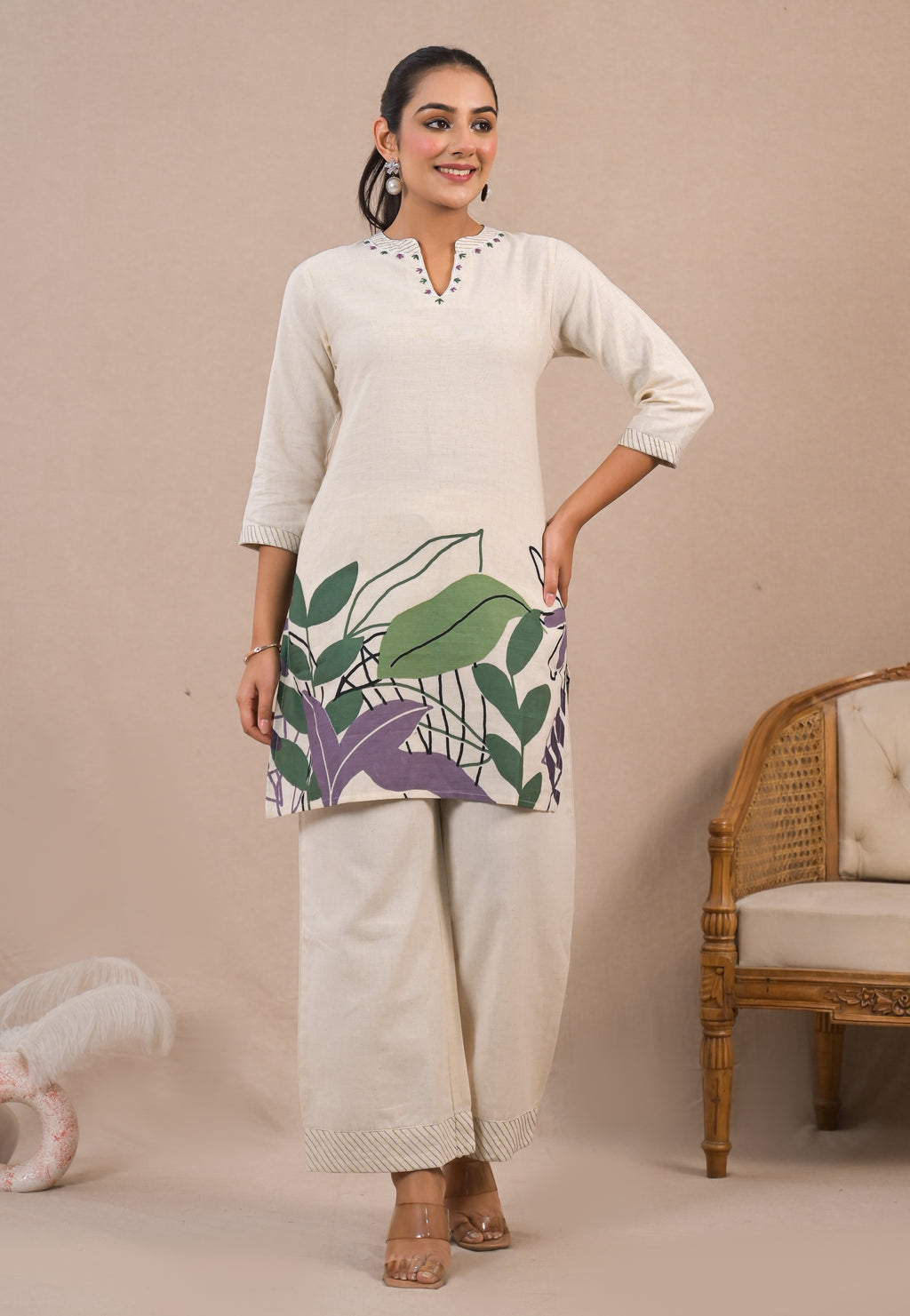 Floral Printed Mandarin Collar Tunic With Palazzo