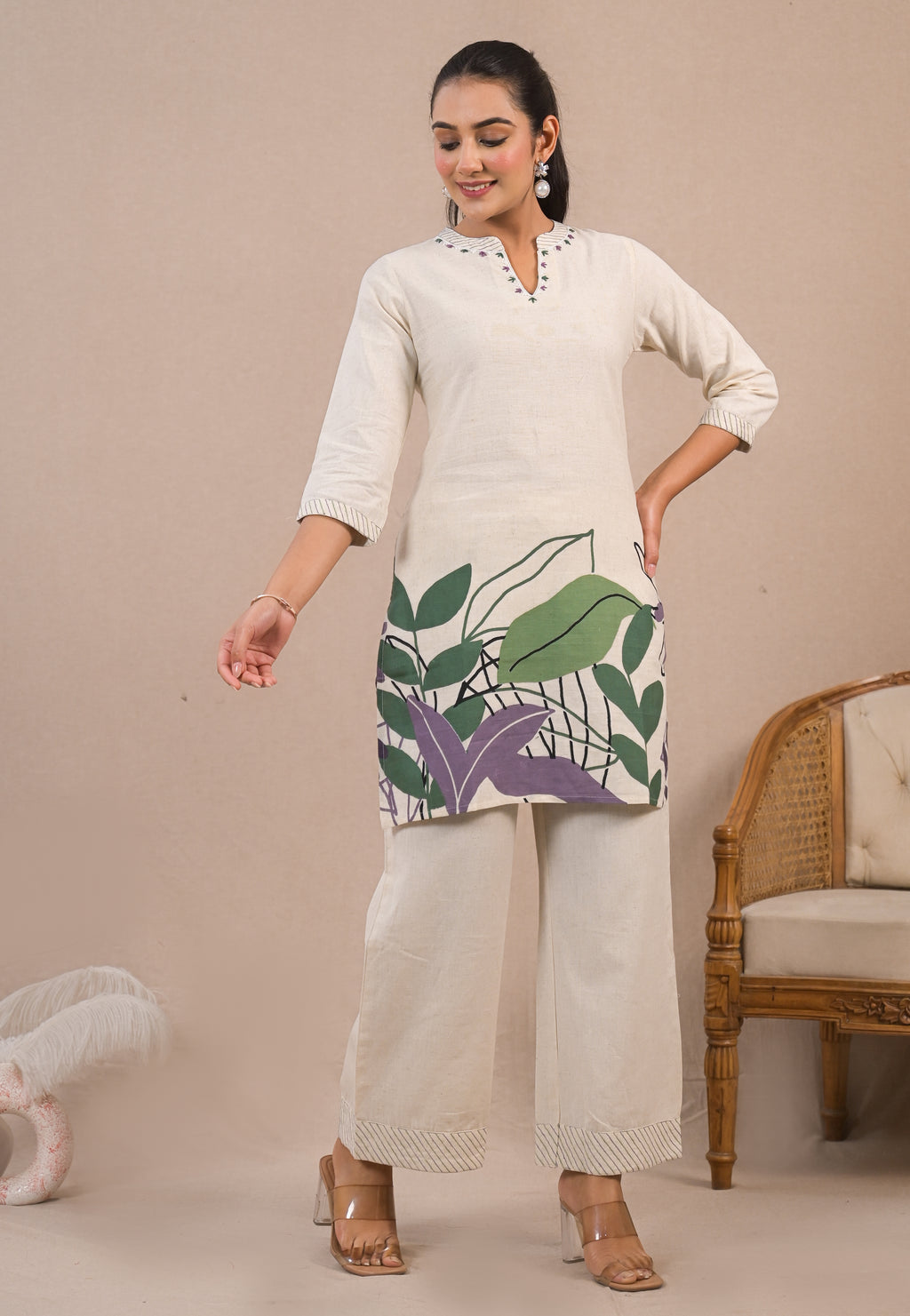 Floral Printed Mandarin Collar Tunic With Palazzo