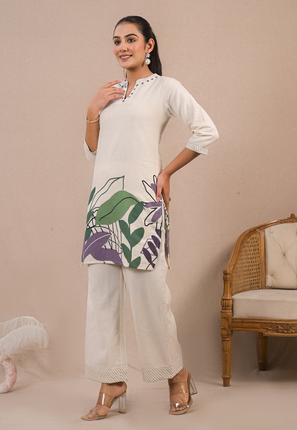 Floral Printed Mandarin Collar Tunic With Palazzo