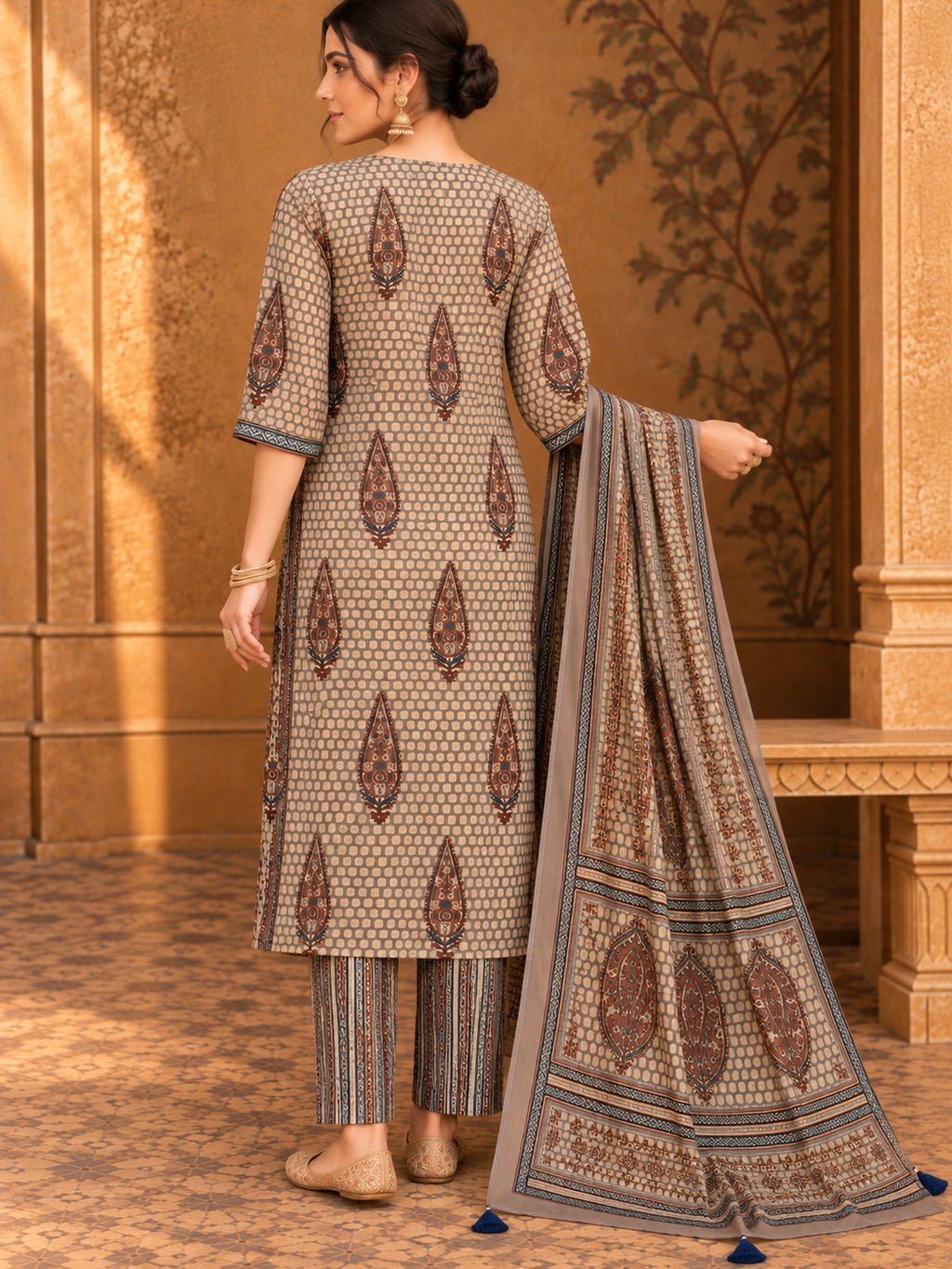 Women Ethnic Motifs Printed Regular Pure Cotton Kurta with Trousers & With Dupatta