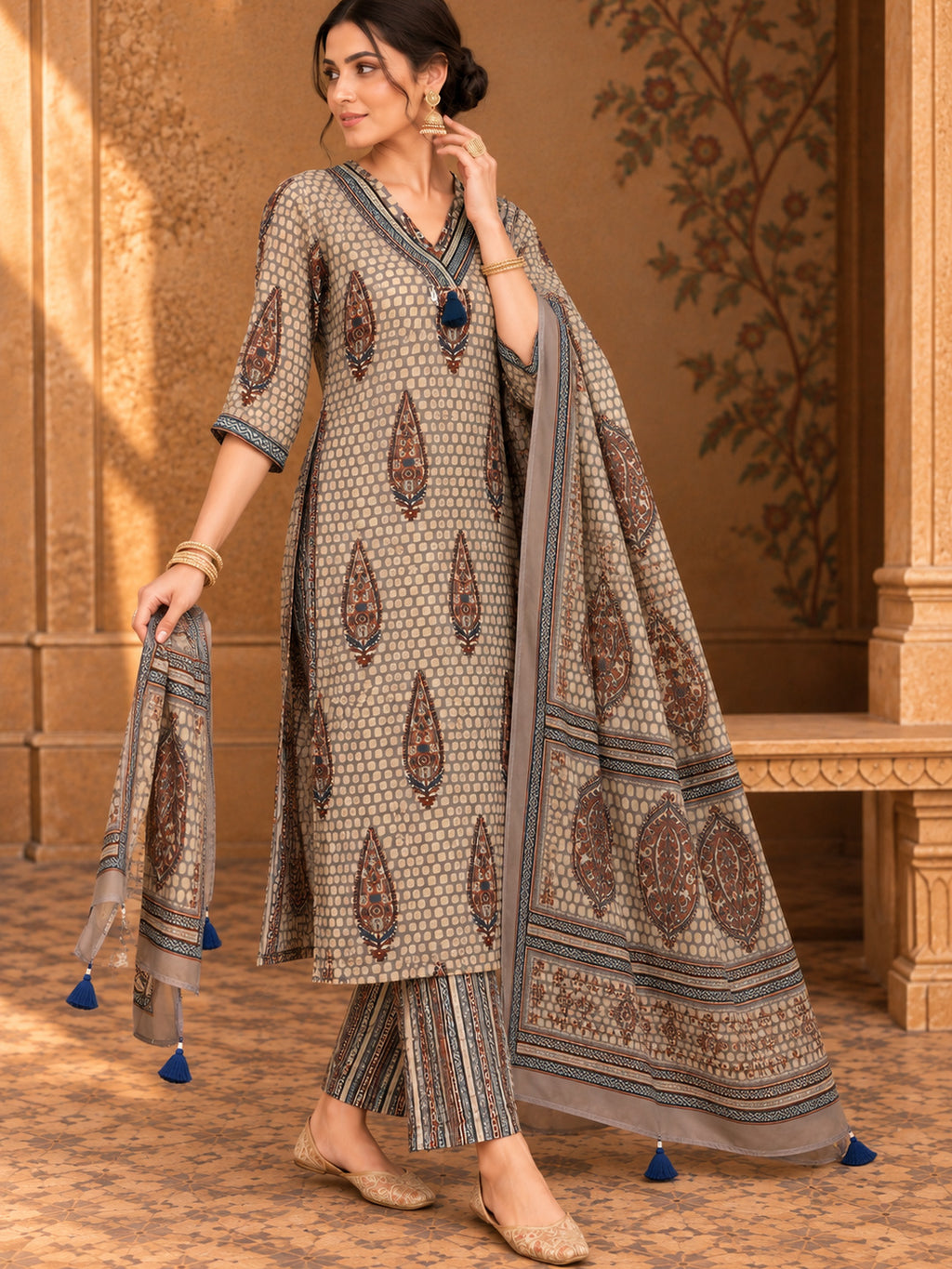 Women Ethnic Motifs Printed Regular Pure Cotton Kurta with Trousers & With Dupatta