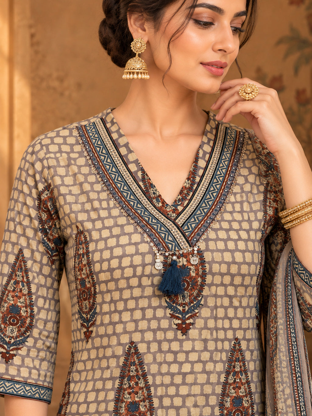 Women Ethnic Motifs Printed Regular Pure Cotton Kurta with Trousers & With Dupatta