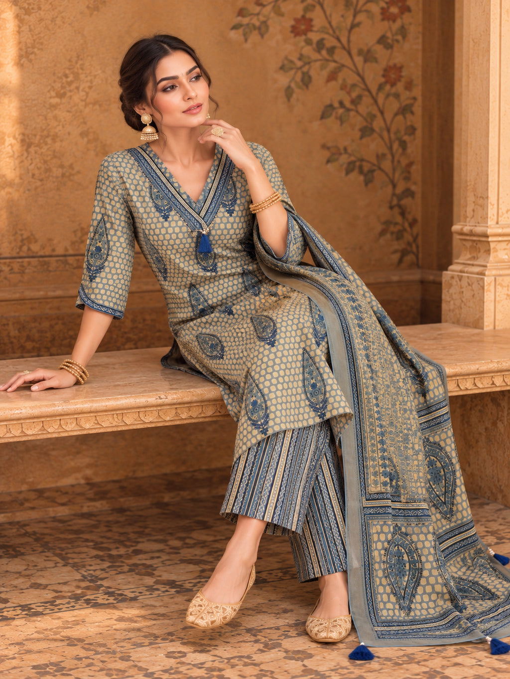 Women Ethnic Motifs Printed Regular Pure Cotton Kurta with Trousers & With Dupatta