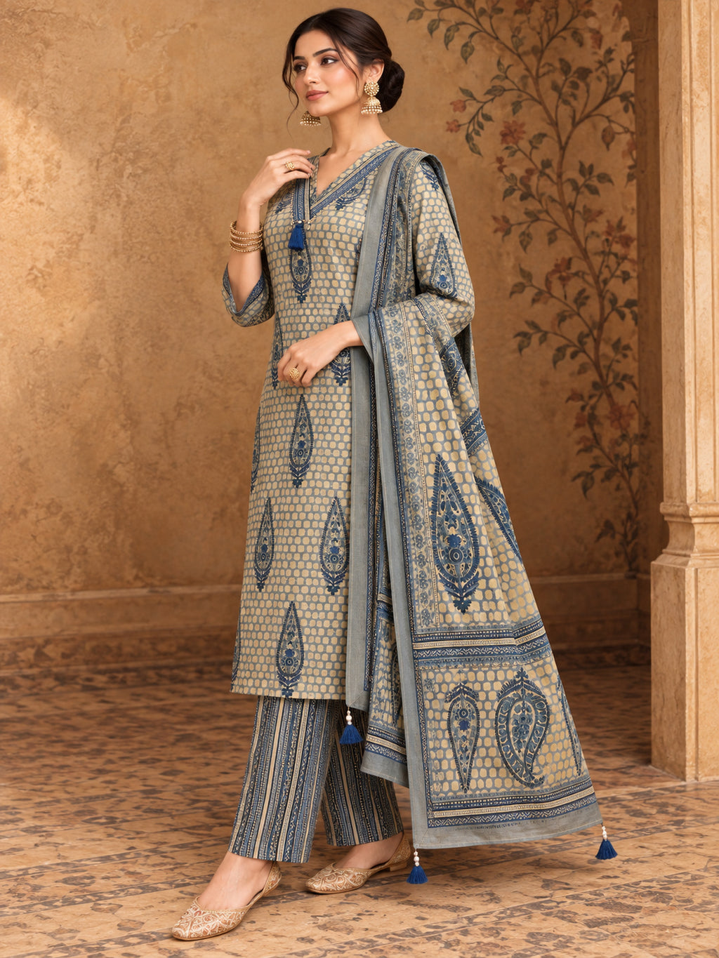Women Ethnic Motifs Printed Regular Pure Cotton Kurta with Trousers & With Dupatta