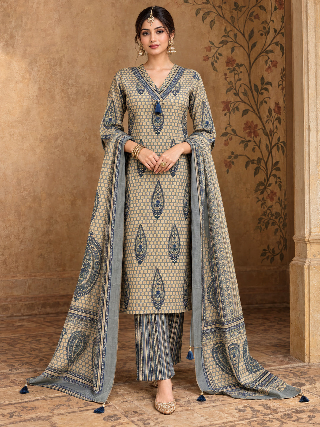 Women Ethnic Motifs Printed Regular Pure Cotton Kurta with Trousers & With Dupatta
