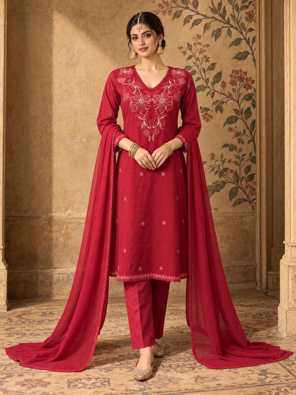Women Ethnic Motifs Embroidered Regular Thread Work Kurta with Trousers & With Dupatta