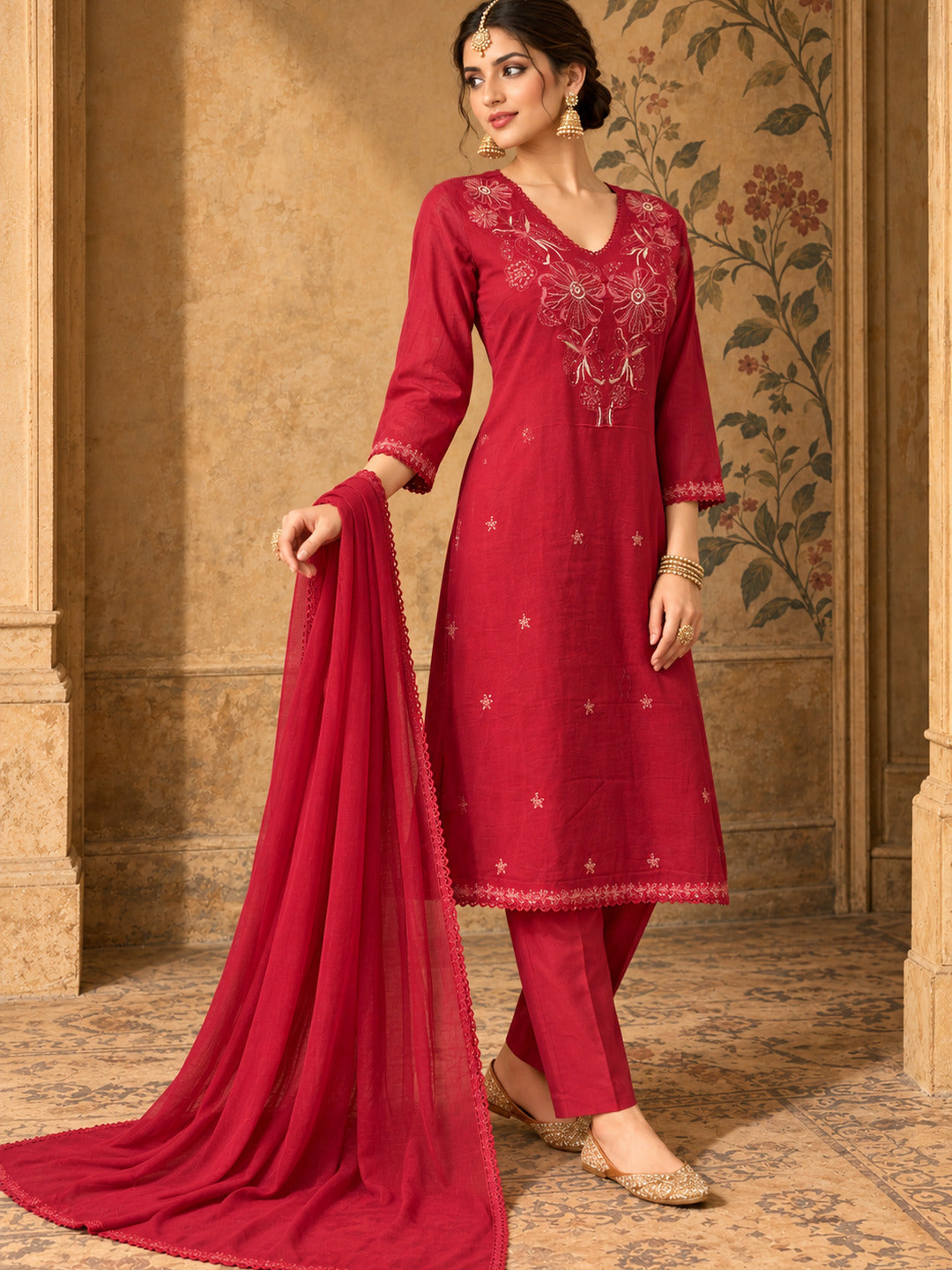 Women Ethnic Motifs Embroidered Regular Thread Work Kurta with Trousers & With Dupatta