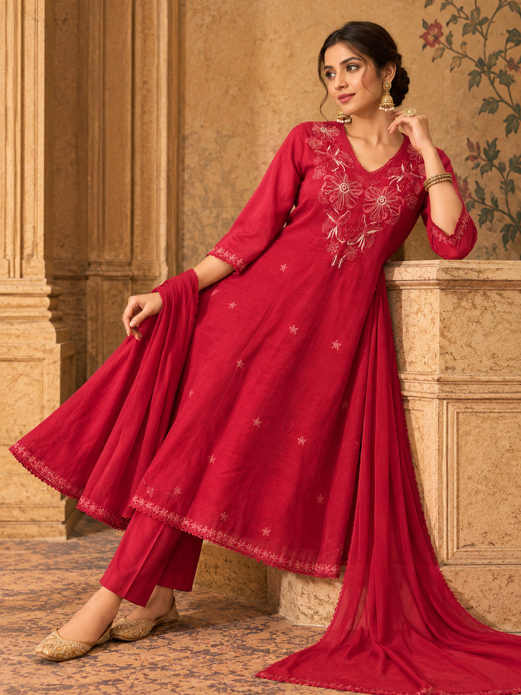 Women Ethnic Motifs Embroidered Regular Thread Work Kurta with Trousers & With Dupatta