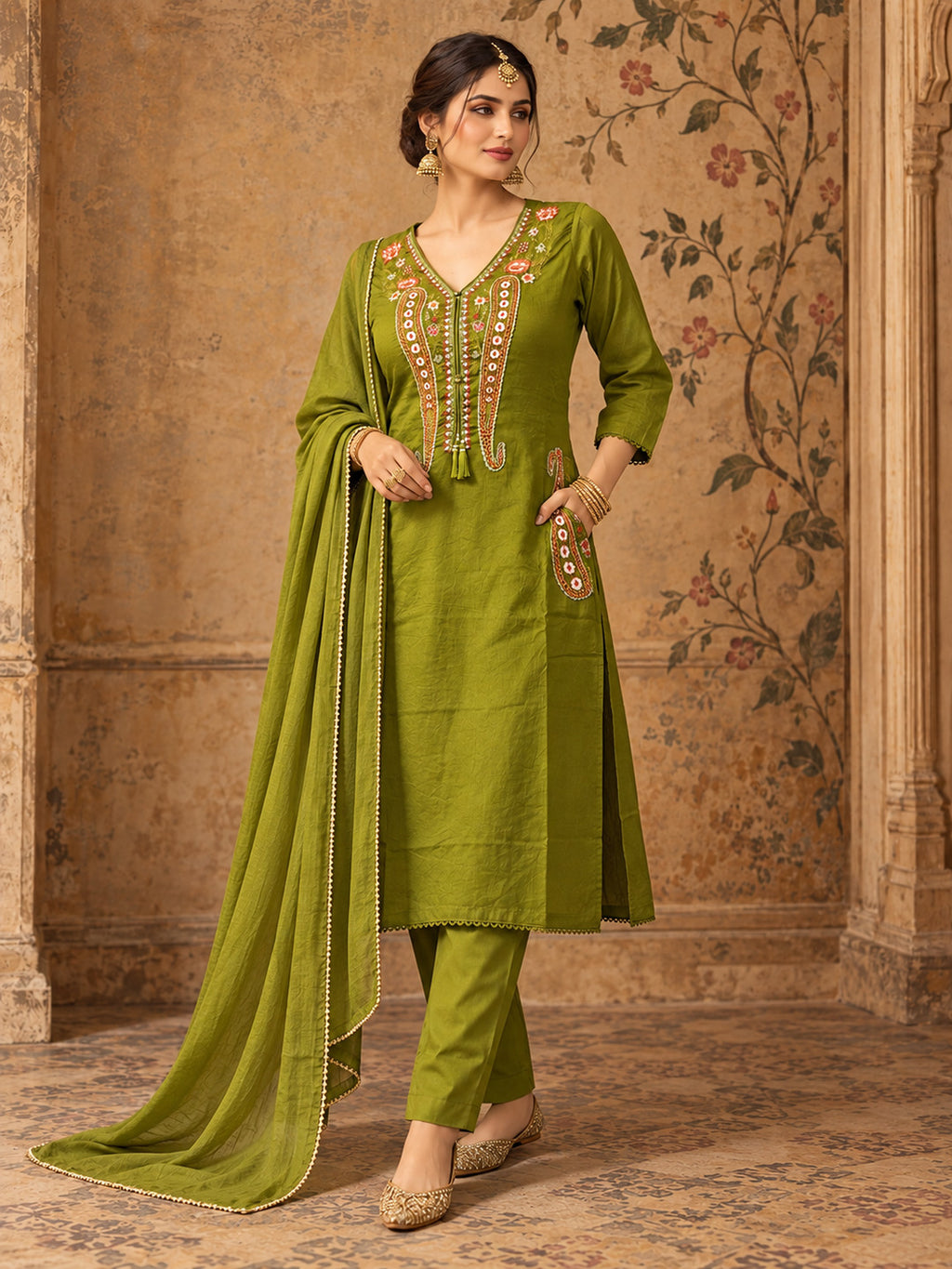Women Ethnic Motifs Embroidered Regular Thread Work Kurta with Trousers & With Dupatta