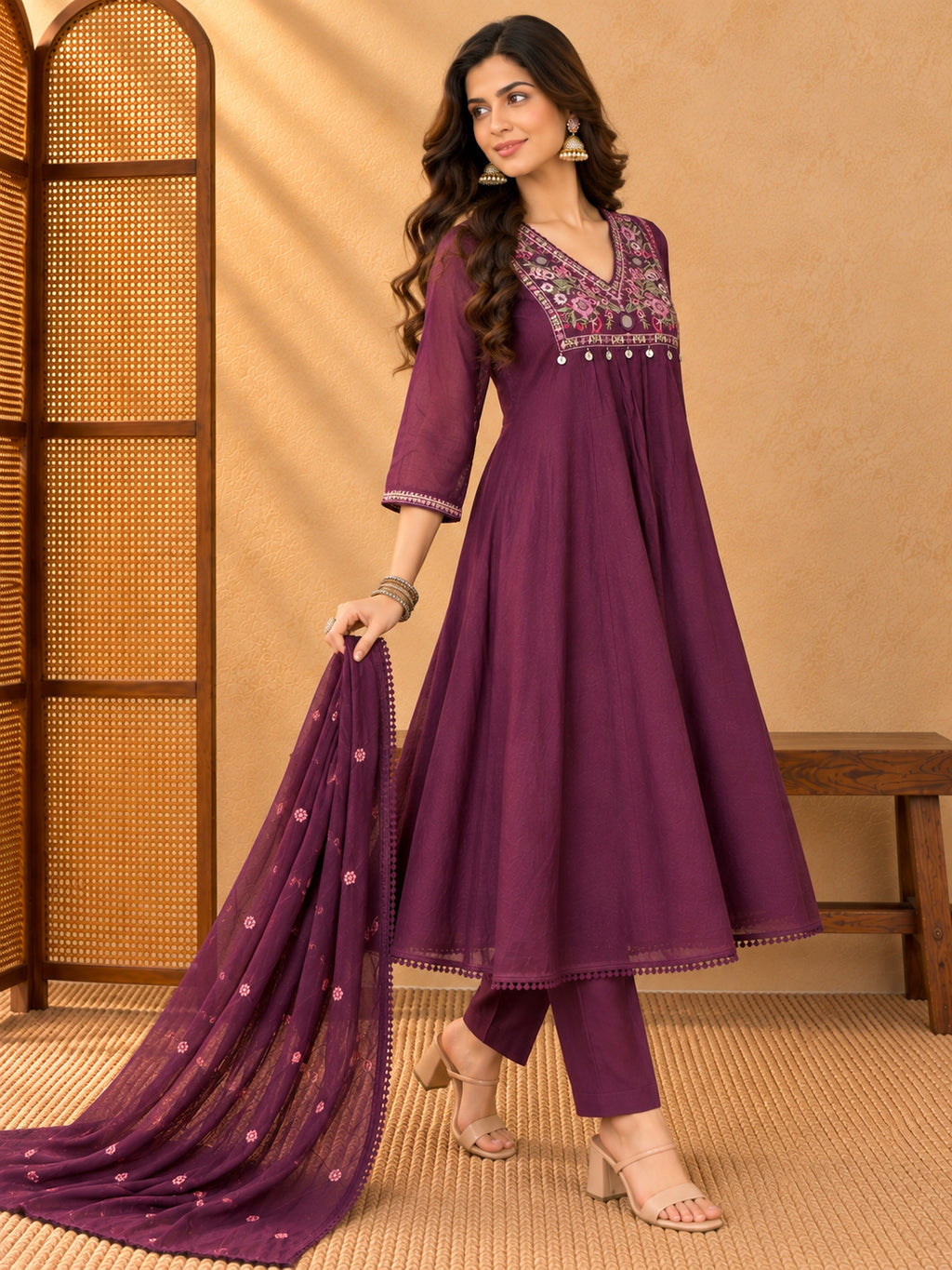 Women Floral Embroidered Empire Thread Work Kurta with Trousers & With Dupatta