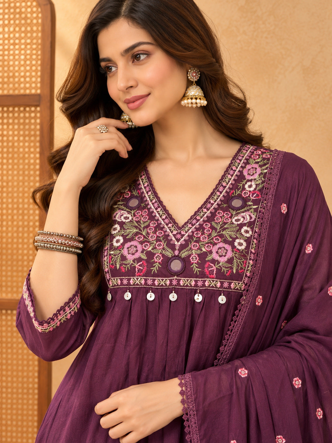 Women Floral Embroidered Empire Thread Work Kurta with Trousers & With Dupatta