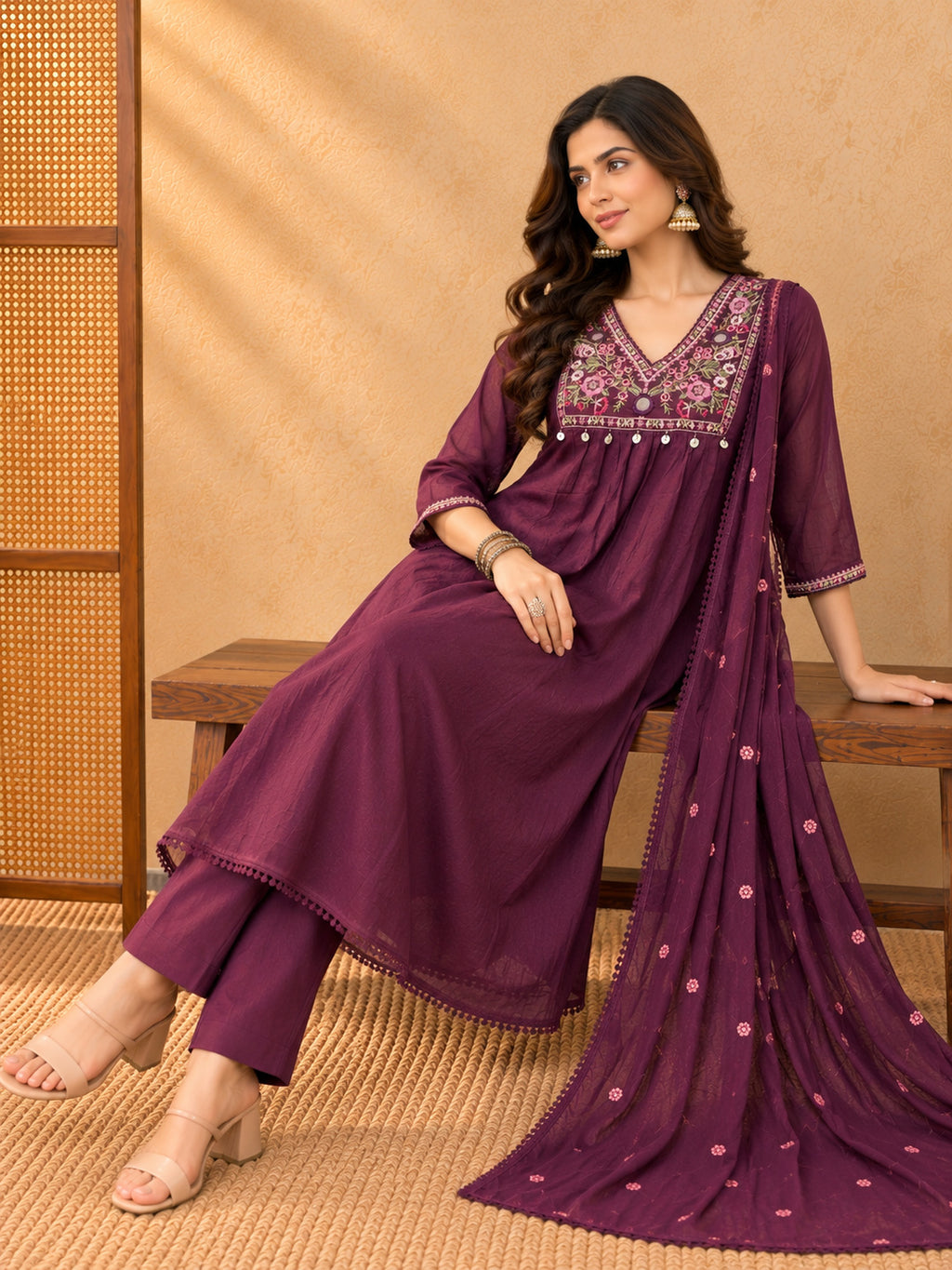 Women Floral Embroidered Empire Thread Work Kurta with Trousers & With Dupatta