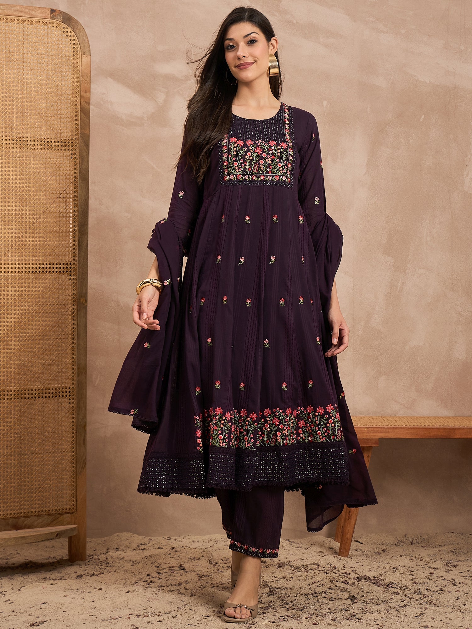 Floral Embroidered Round Neck Pure Cotton Anarkali Kurta with Trouser & Dupatta