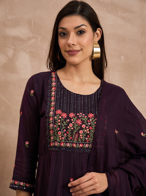 Floral Embroidered Round Neck Pure Cotton Anarkali Kurta with Trouser & Dupatta