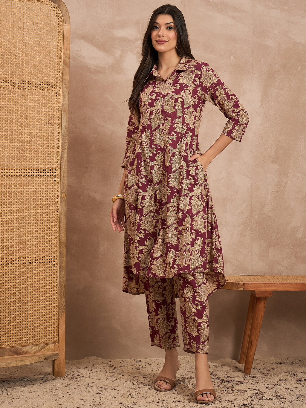 Floral Printed Shirt Collar Pure Cotton Tunic With Trousers Co-Ords