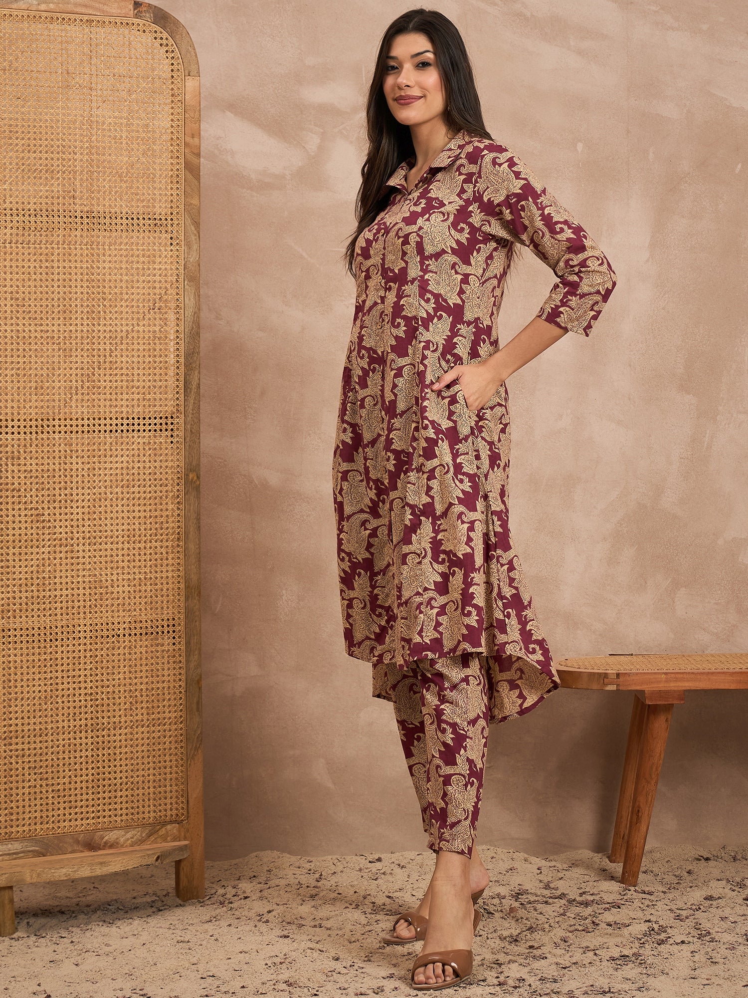 Floral Printed Shirt Collar Pure Cotton Tunic With Trousers Co-Ords