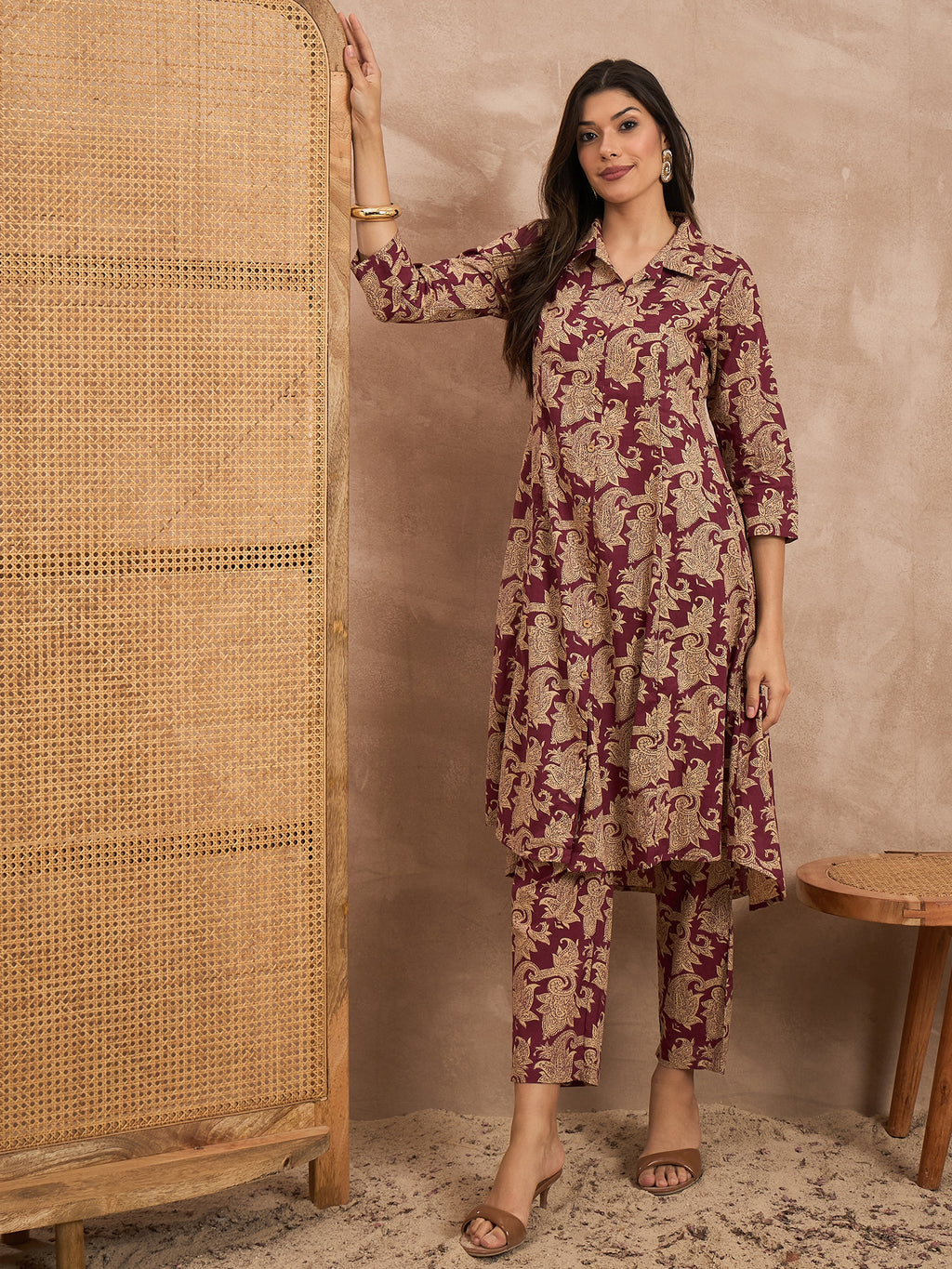 Floral Printed Shirt Collar Pure Cotton Tunic With Trousers Co-Ords