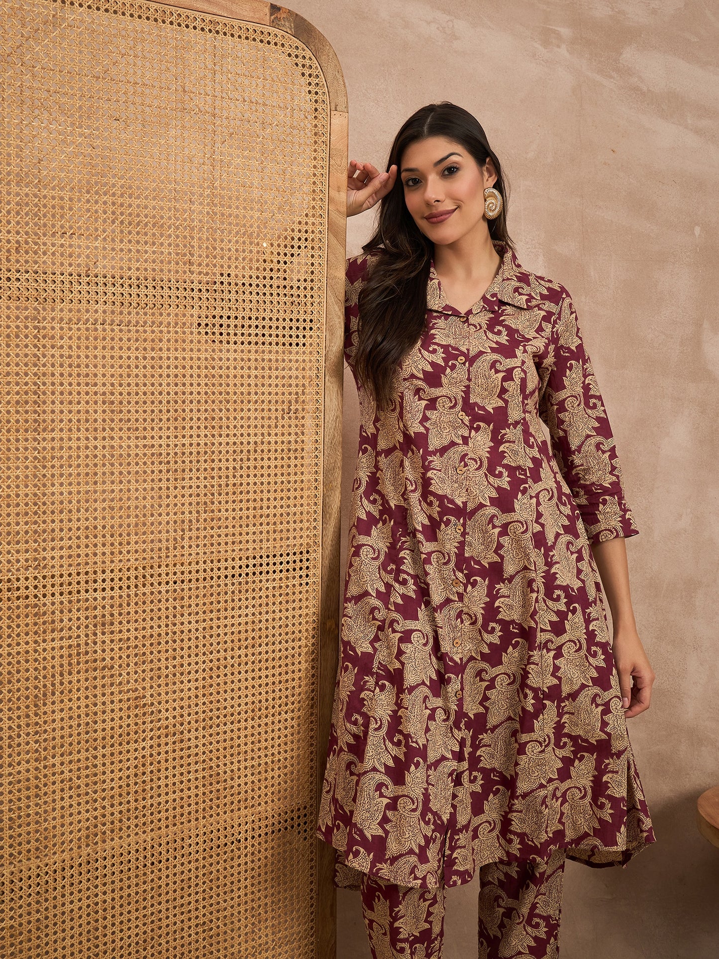 Floral Printed Shirt Collar Pure Cotton Tunic With Trousers Co-Ords