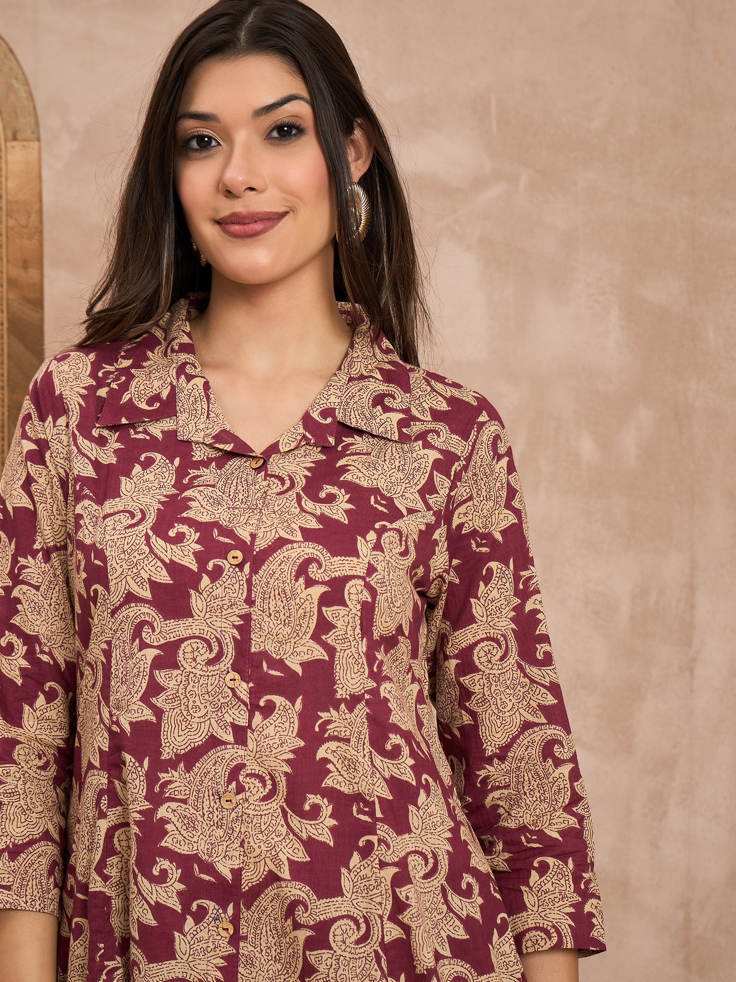 Floral Printed Shirt Collar Pure Cotton Tunic With Trousers Co-Ords