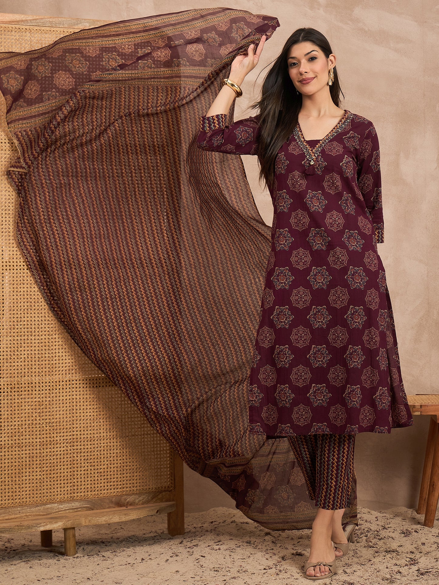 Women Ethnic Motifs Printed Pure Cotton Kurta with Trousers & Dupatta
