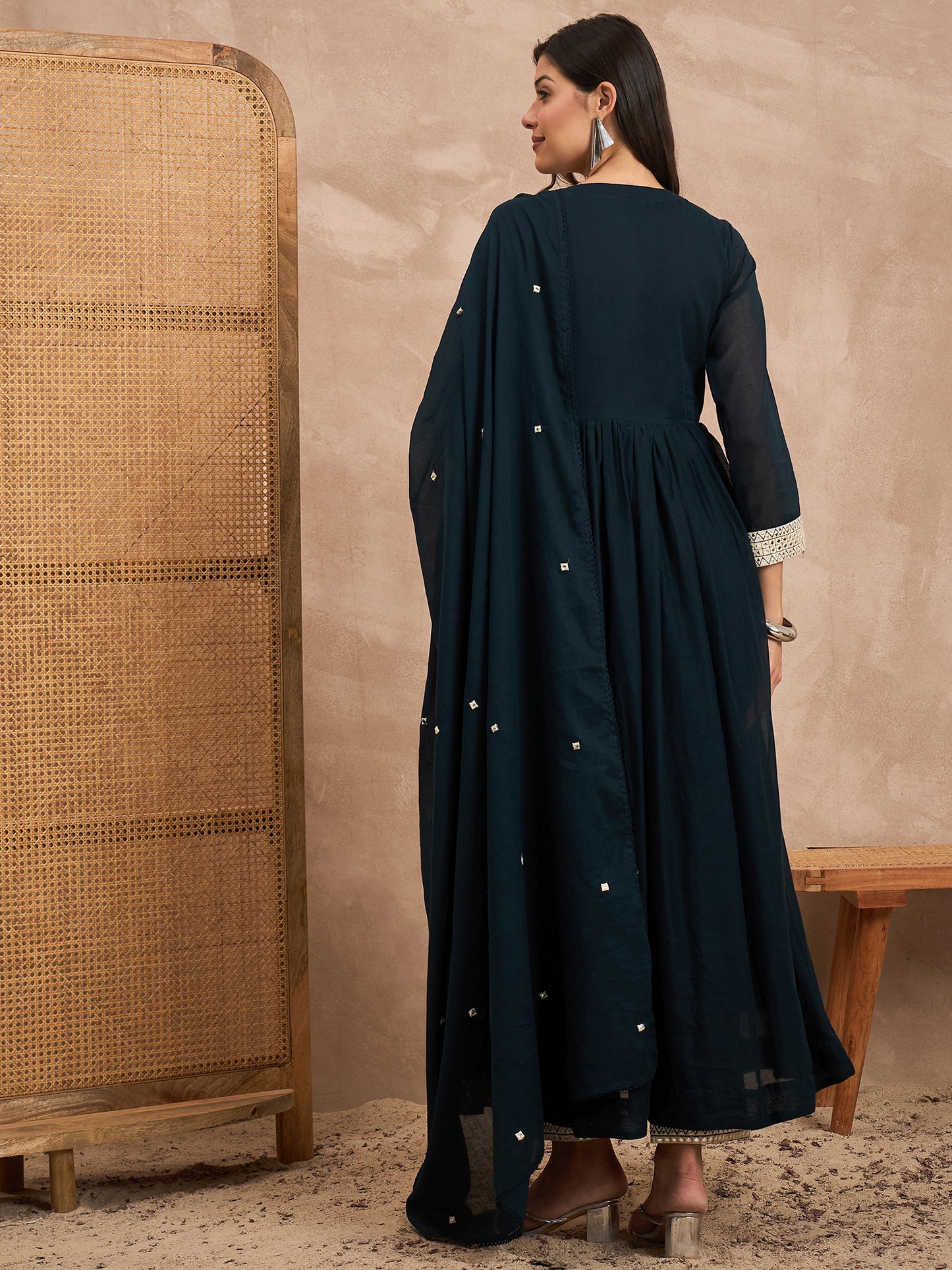 Women Geometric Embroidered Pleated MirrorWork Anarkali Kurta with Trouser & Dupatta