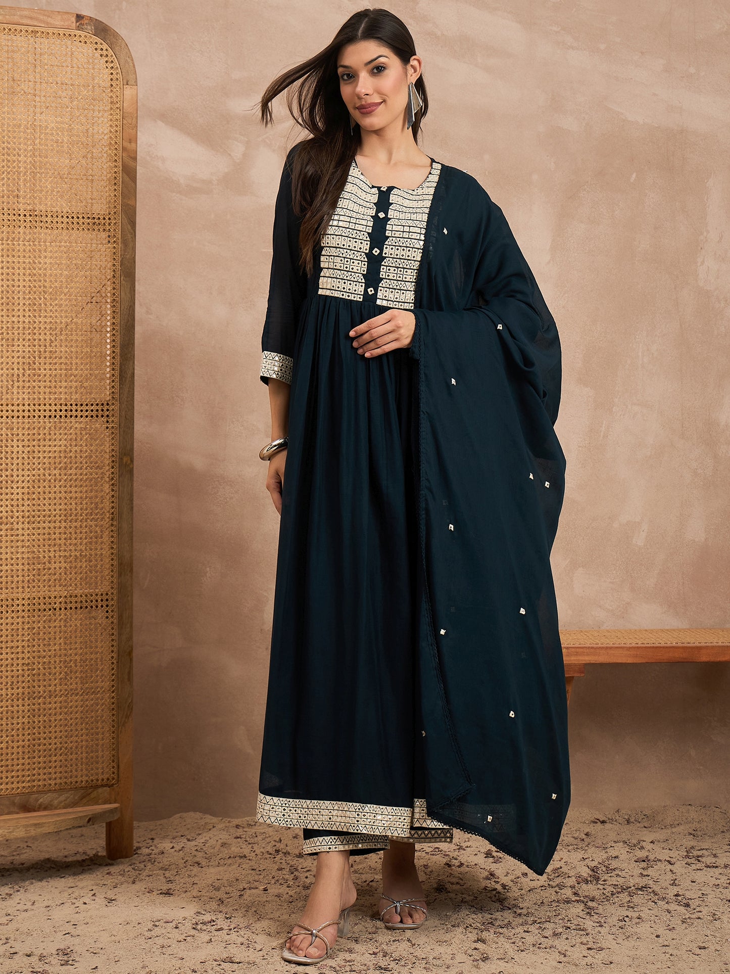Women Geometric Embroidered Pleated MirrorWork Anarkali Kurta with Trouser & Dupatta