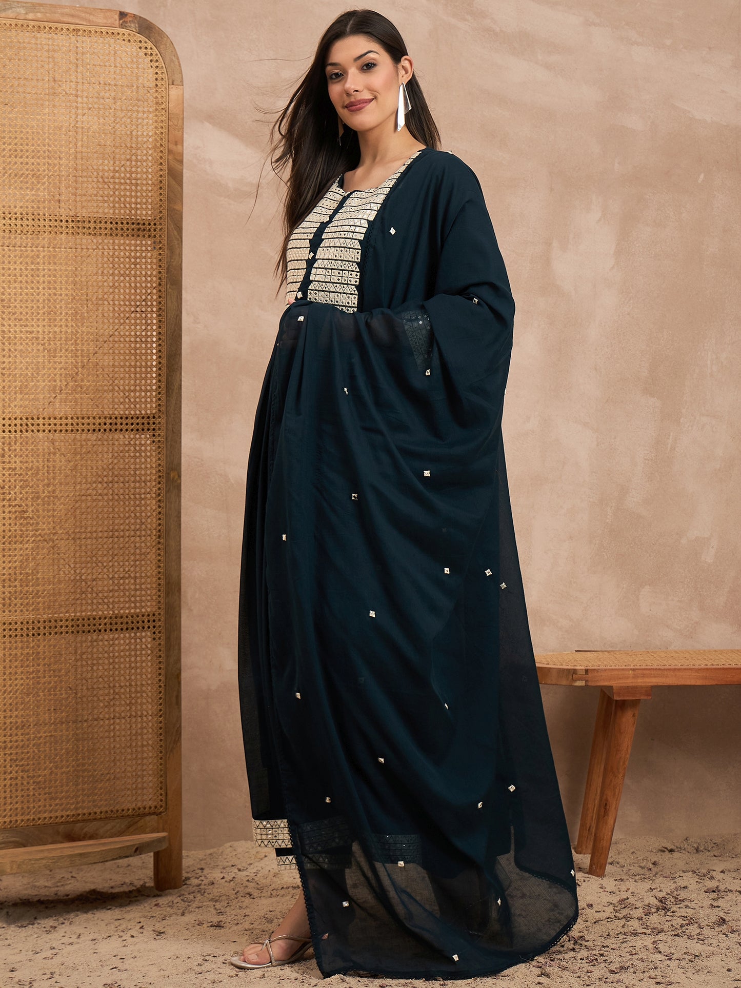 Women Geometric Embroidered Pleated MirrorWork Anarkali Kurta with Trouser & Dupatta