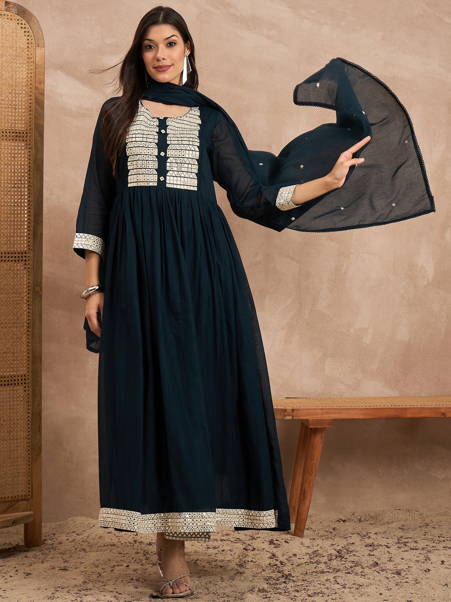 Women Geometric Embroidered Pleated MirrorWork Anarkali Kurta with Trouser & Dupatta