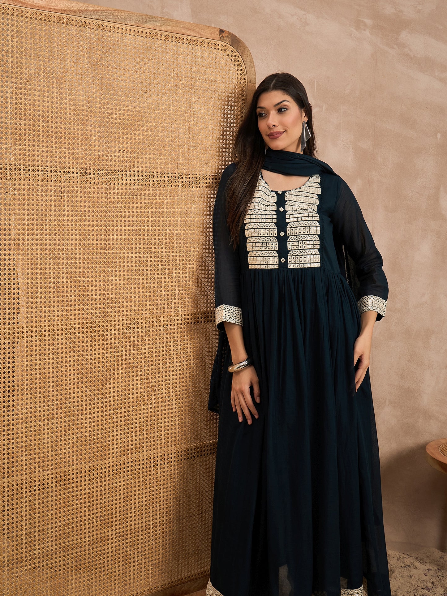 Women Geometric Embroidered Pleated MirrorWork Anarkali Kurta with Trouser & Dupatta