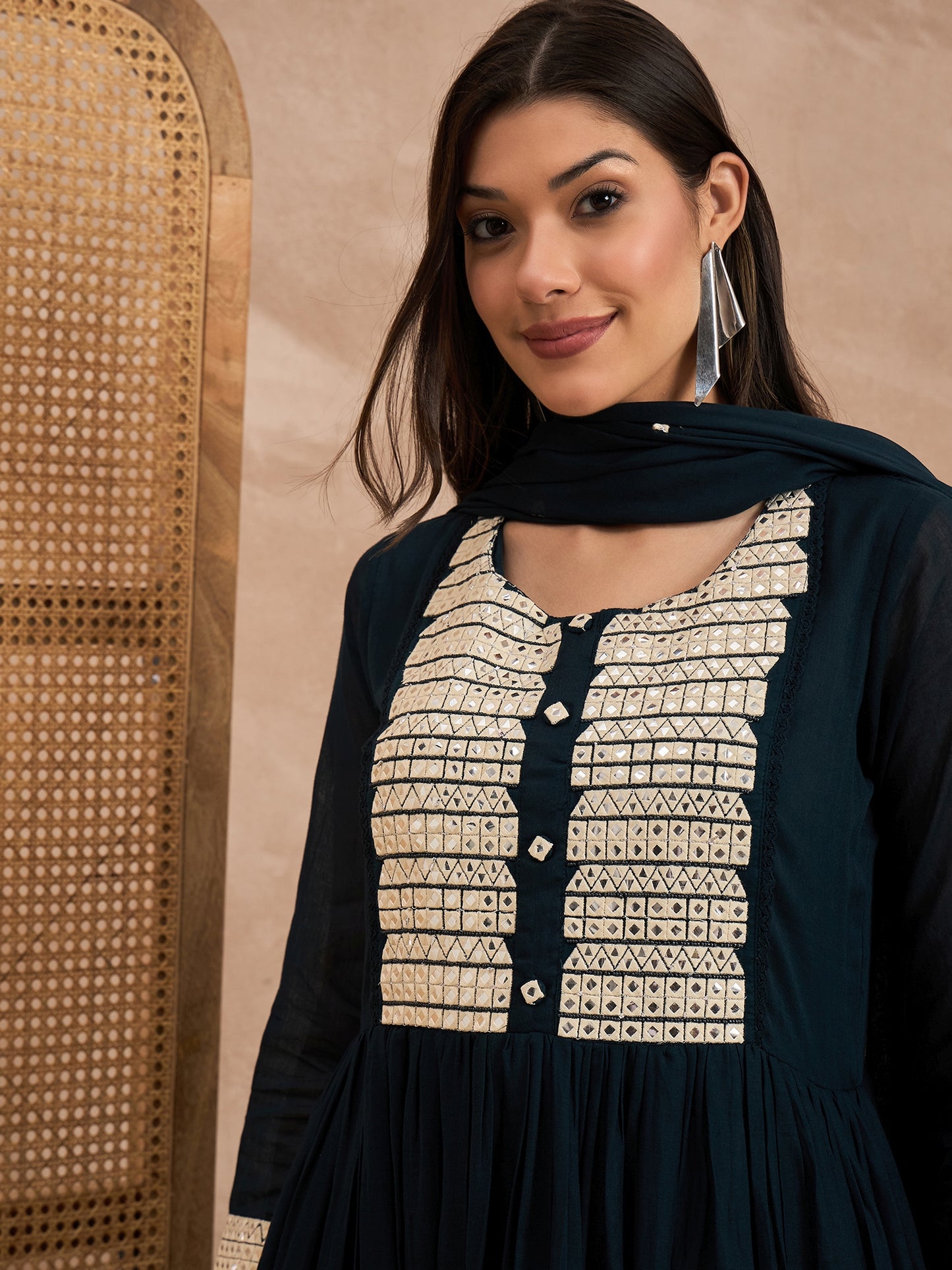 Women Geometric Embroidered Pleated MirrorWork Anarkali Kurta with Trouser & Dupatta