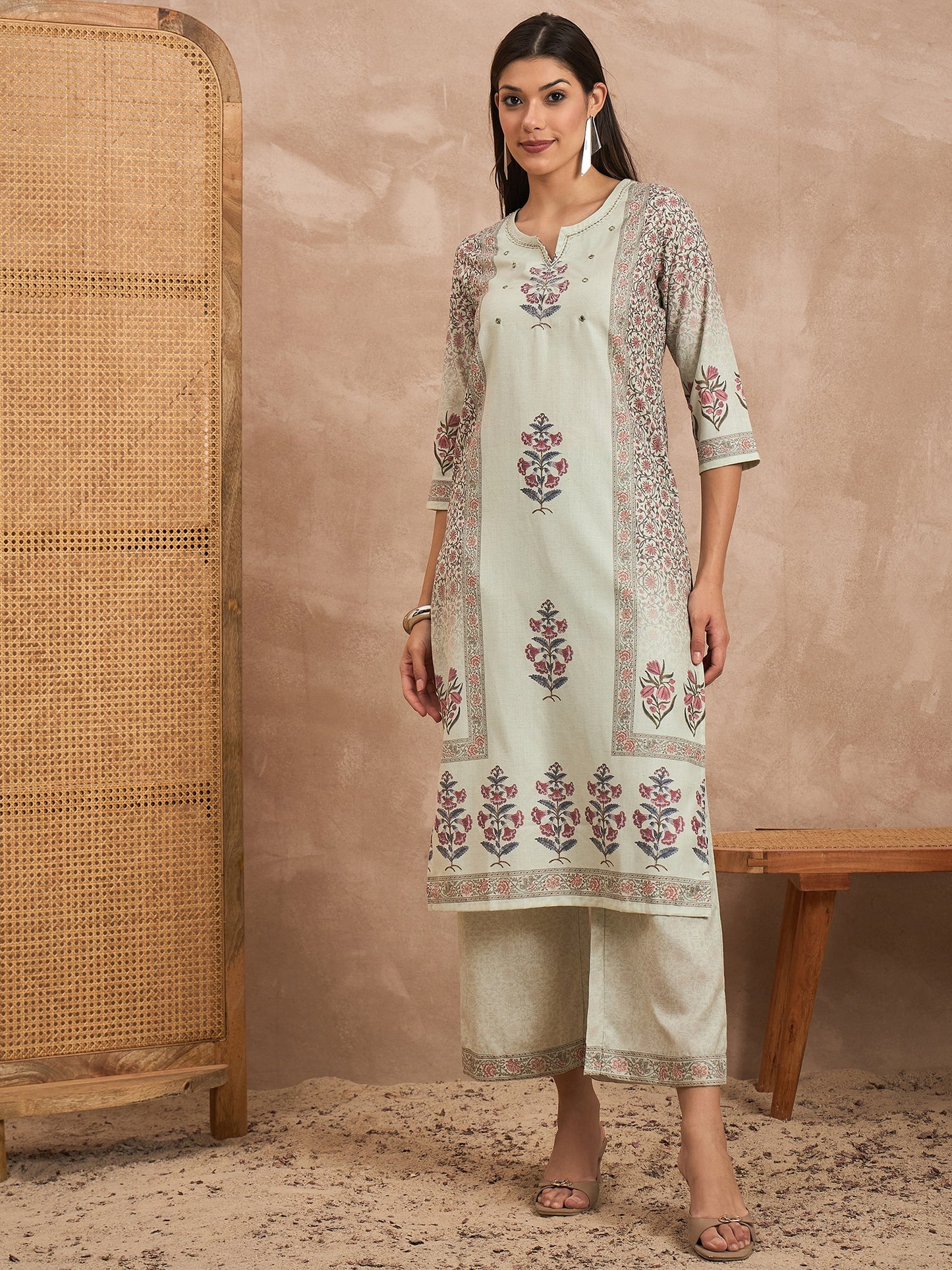 Women Floral Printed Cotton Kurta with Palazzos & Dupatta