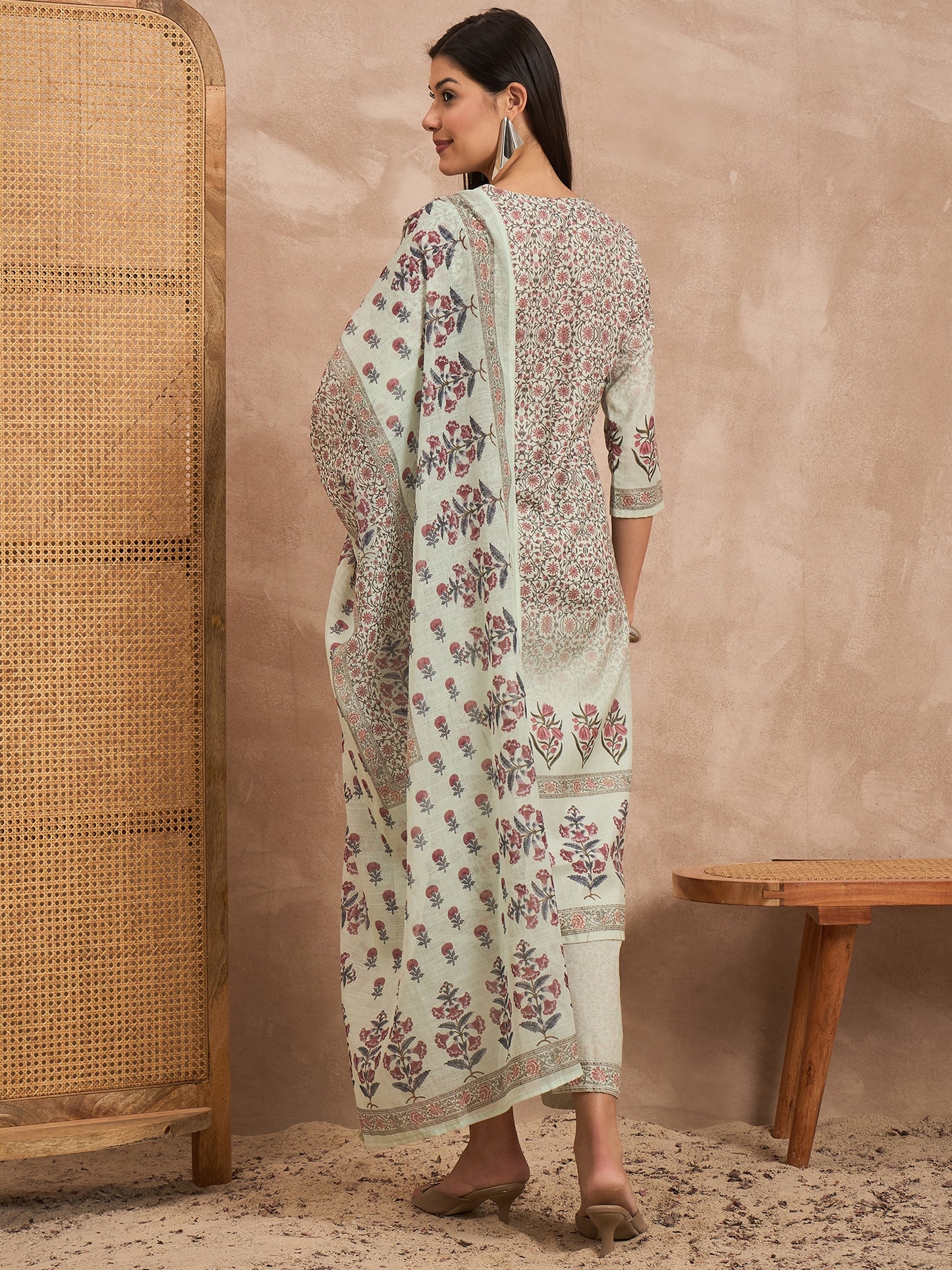 Women Floral Printed Cotton Kurta with Palazzos & Dupatta