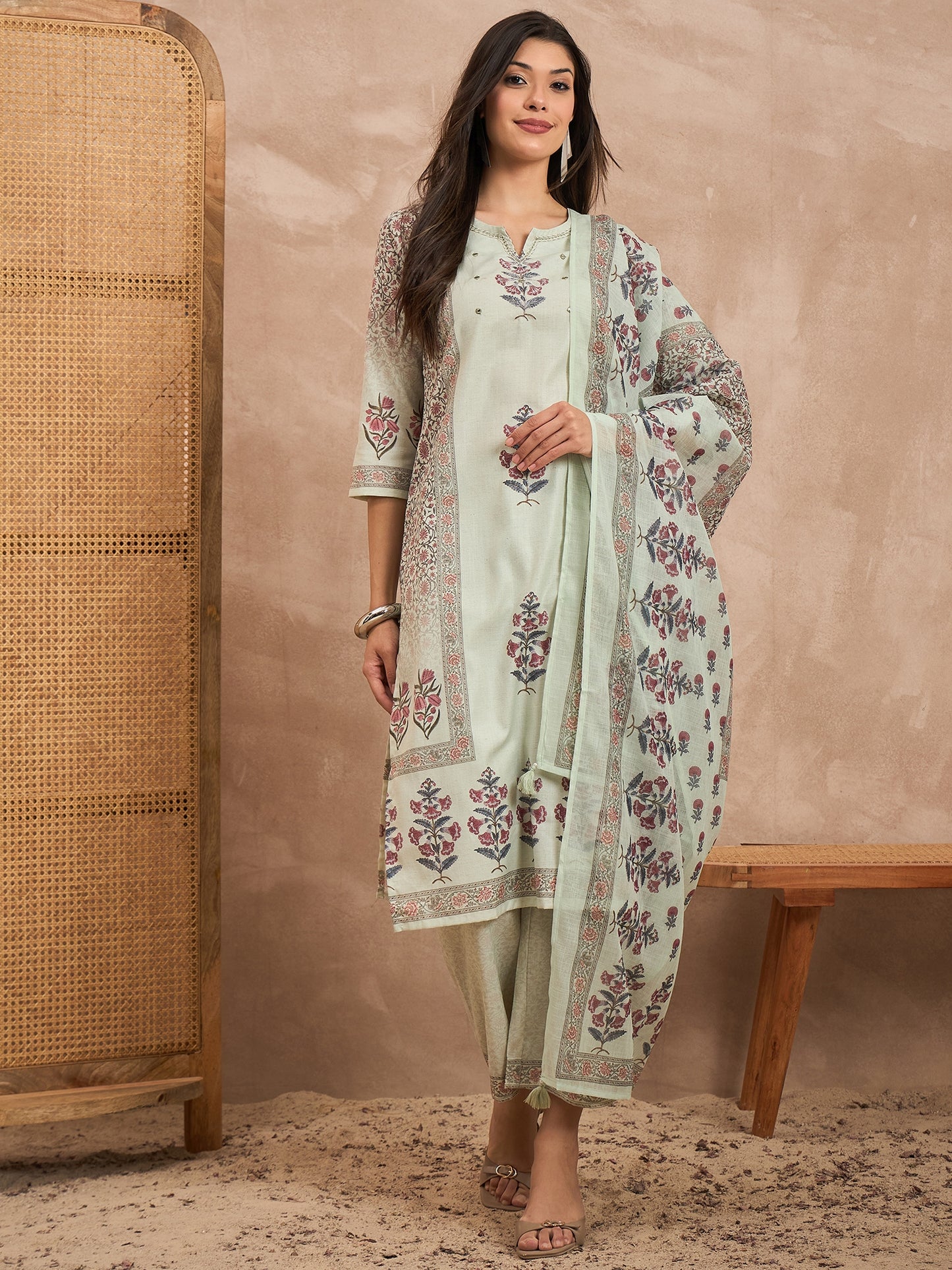Women Floral Printed Cotton Kurta with Palazzos & Dupatta