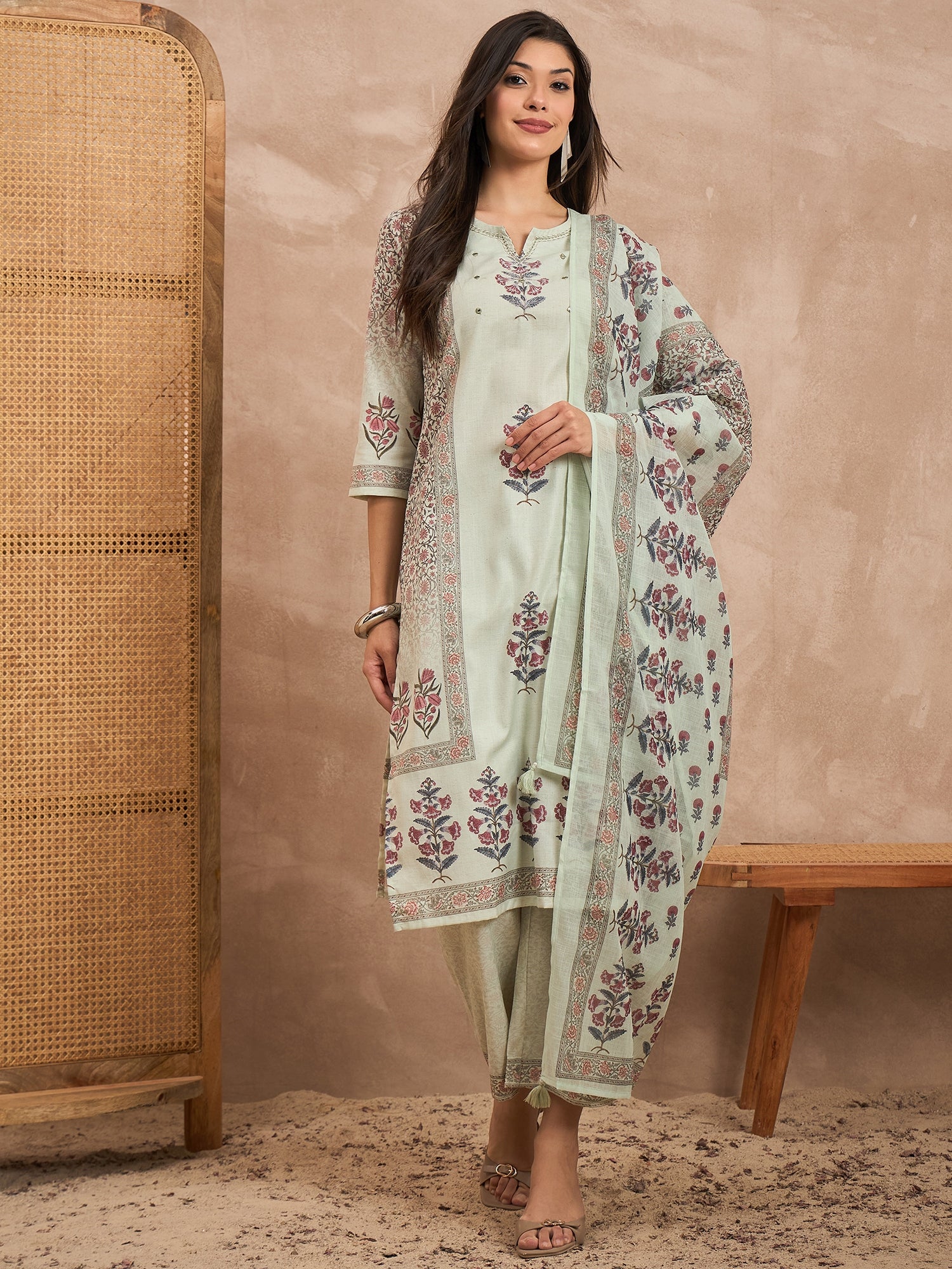 Women Floral Printed Cotton Kurta with Palazzos & Dupatta