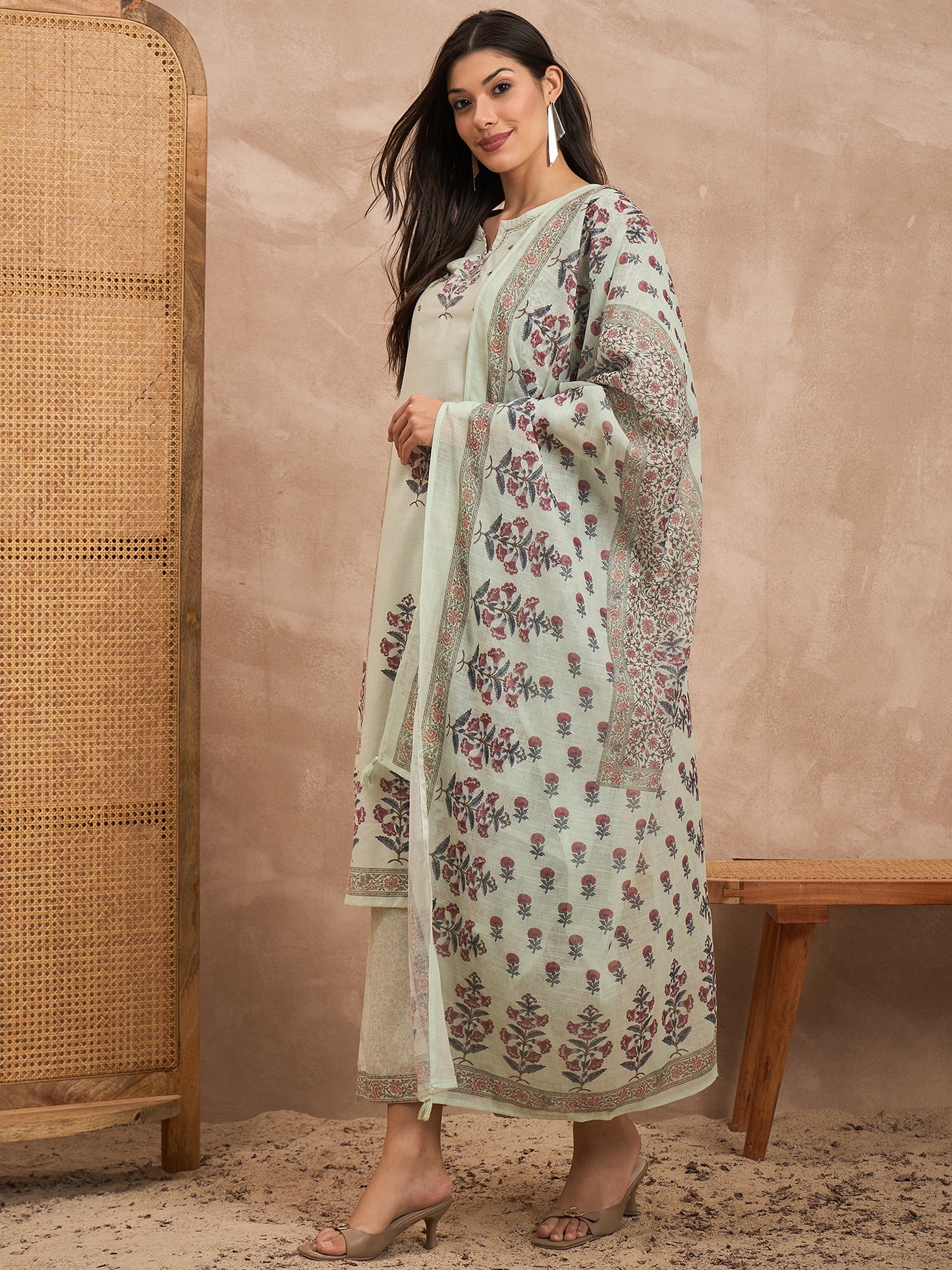 Women Floral Printed Cotton Kurta with Palazzos & Dupatta