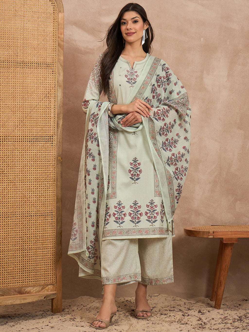Women Floral Printed Cotton Kurta with Palazzos & Dupatta