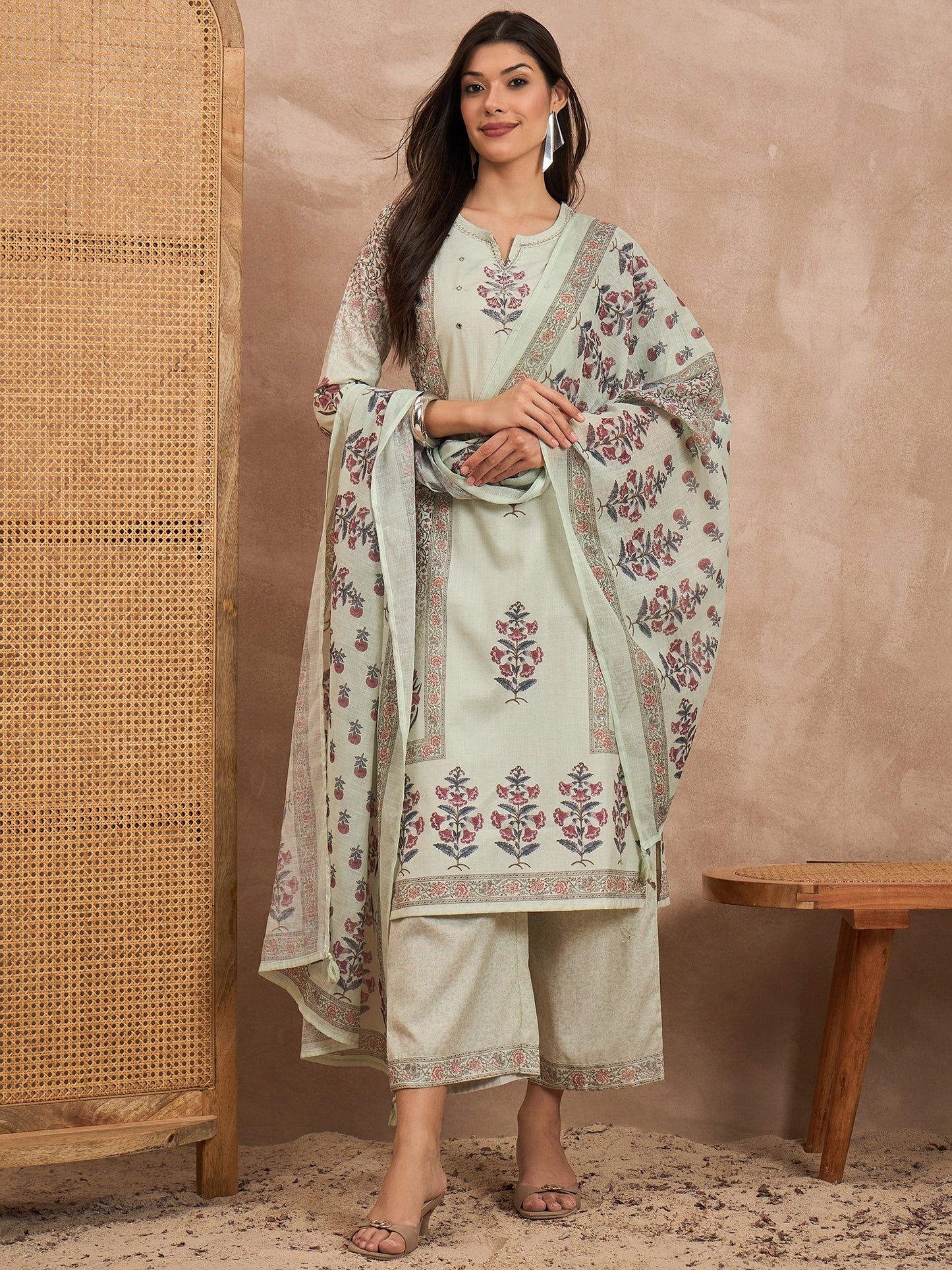 Women Floral Printed Cotton Kurta with Palazzos & Dupatta