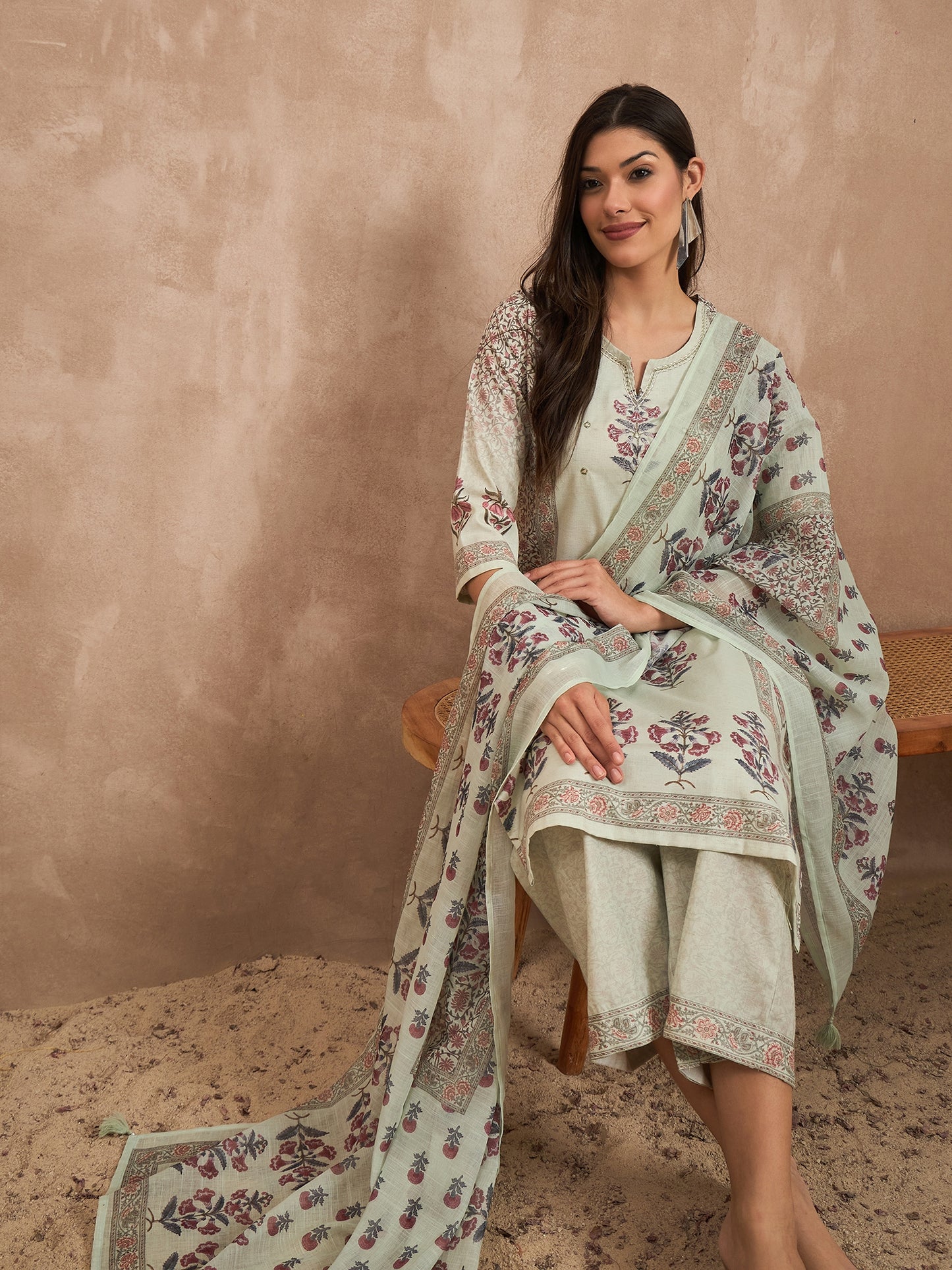Women Floral Printed Cotton Kurta with Palazzos & Dupatta
