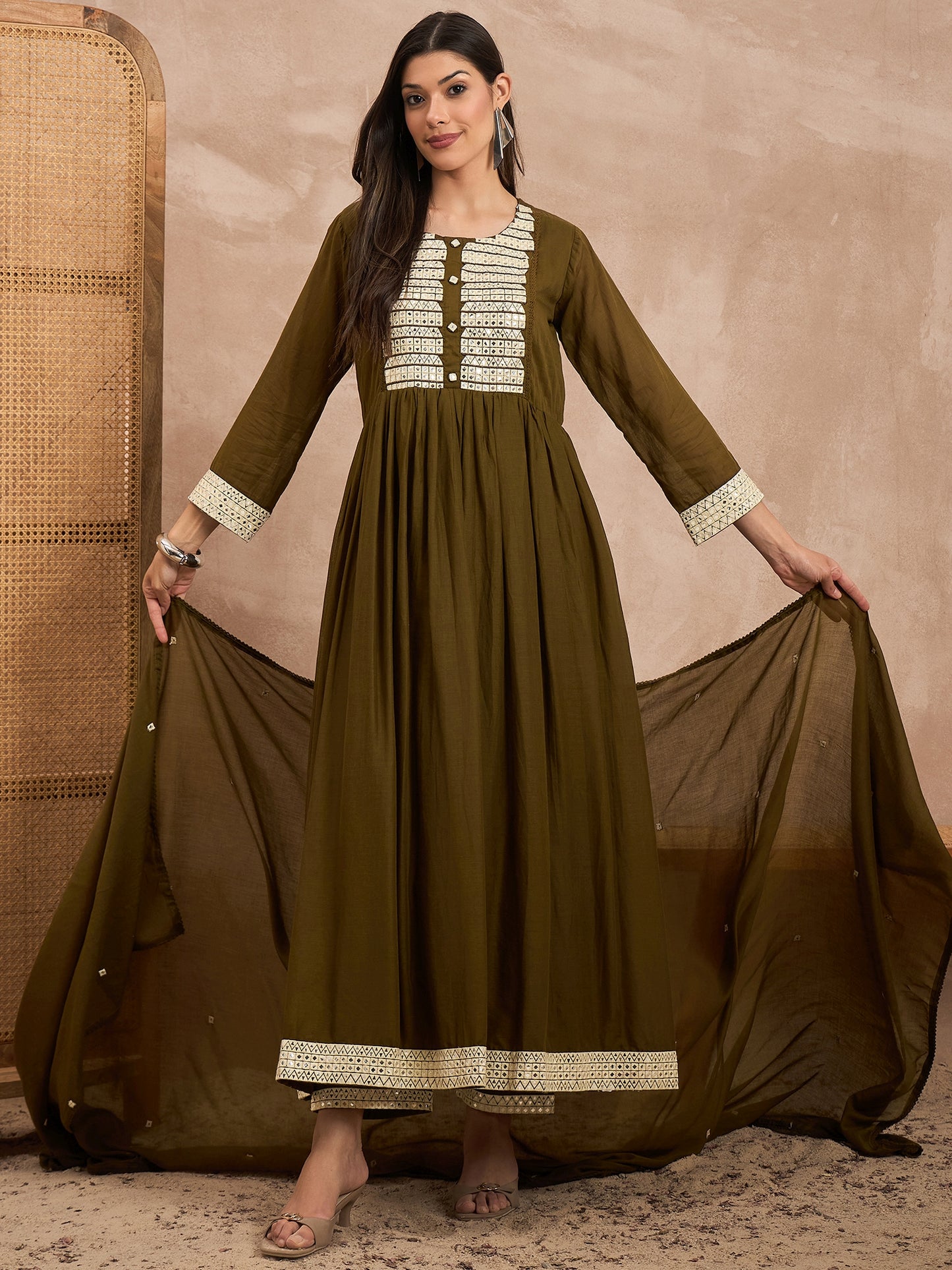 Women Geometric Embroidered Pleated MirrorWork Anarkali Kurta with Trouser & Dupatta
