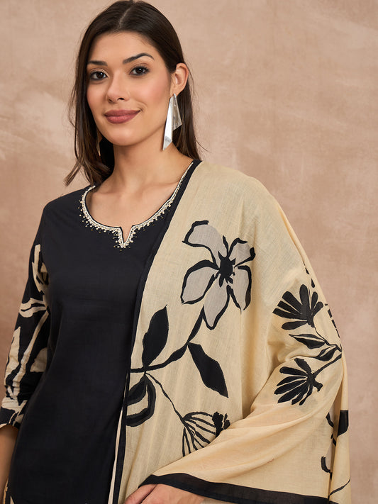 Women Floral Printed Cotton Kurta with Trousers & Dupatta