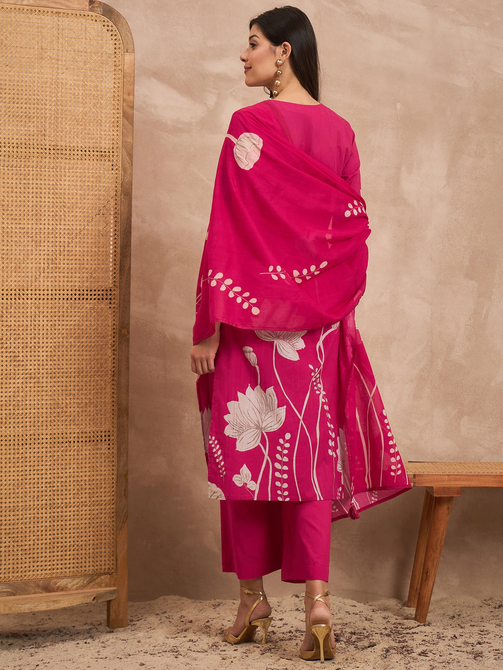 Women Floral Printed Cotton Kurta with Palazzos & Dupatta
