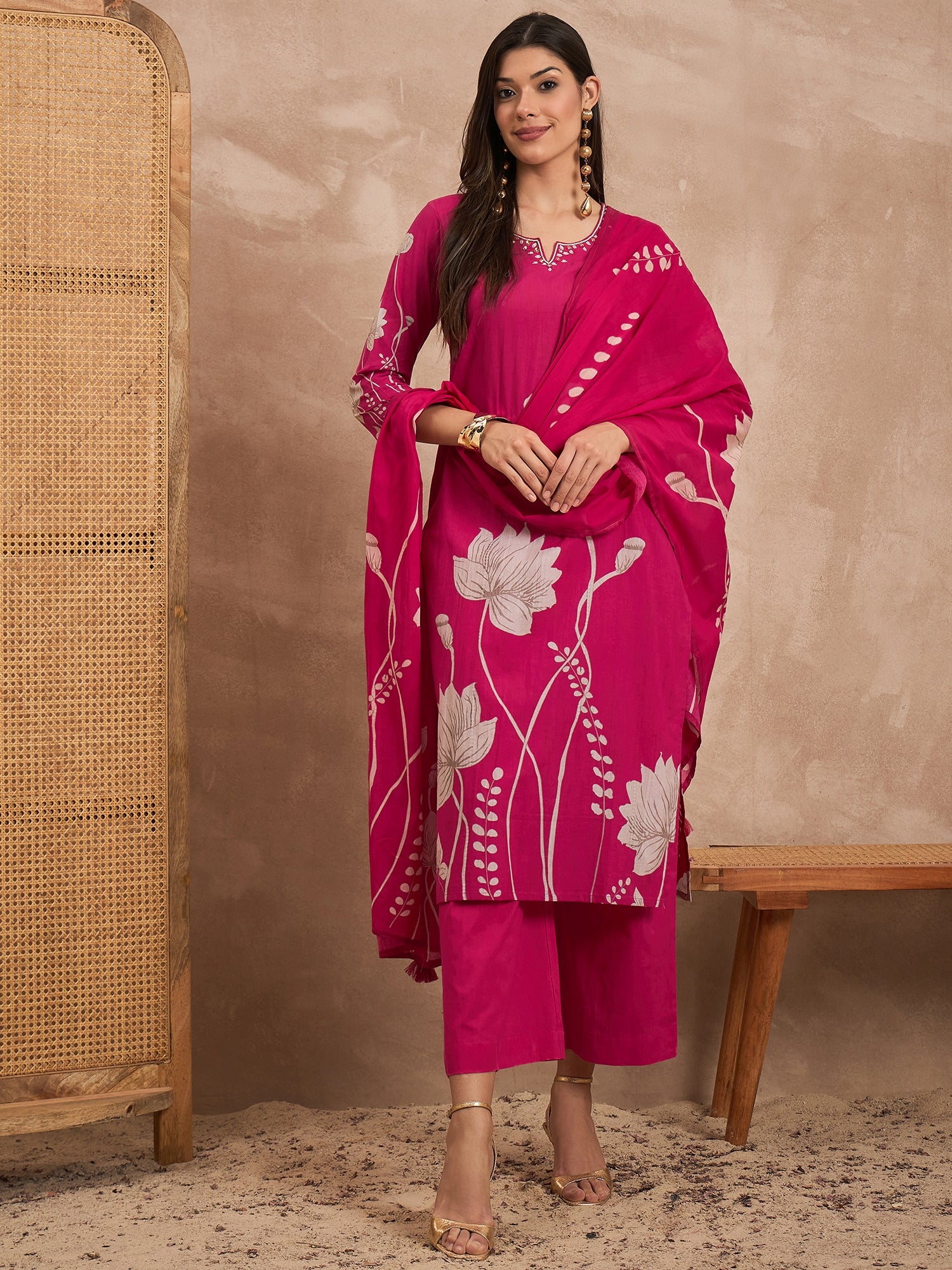 Women Floral Printed Cotton Kurta with Palazzos & Dupatta