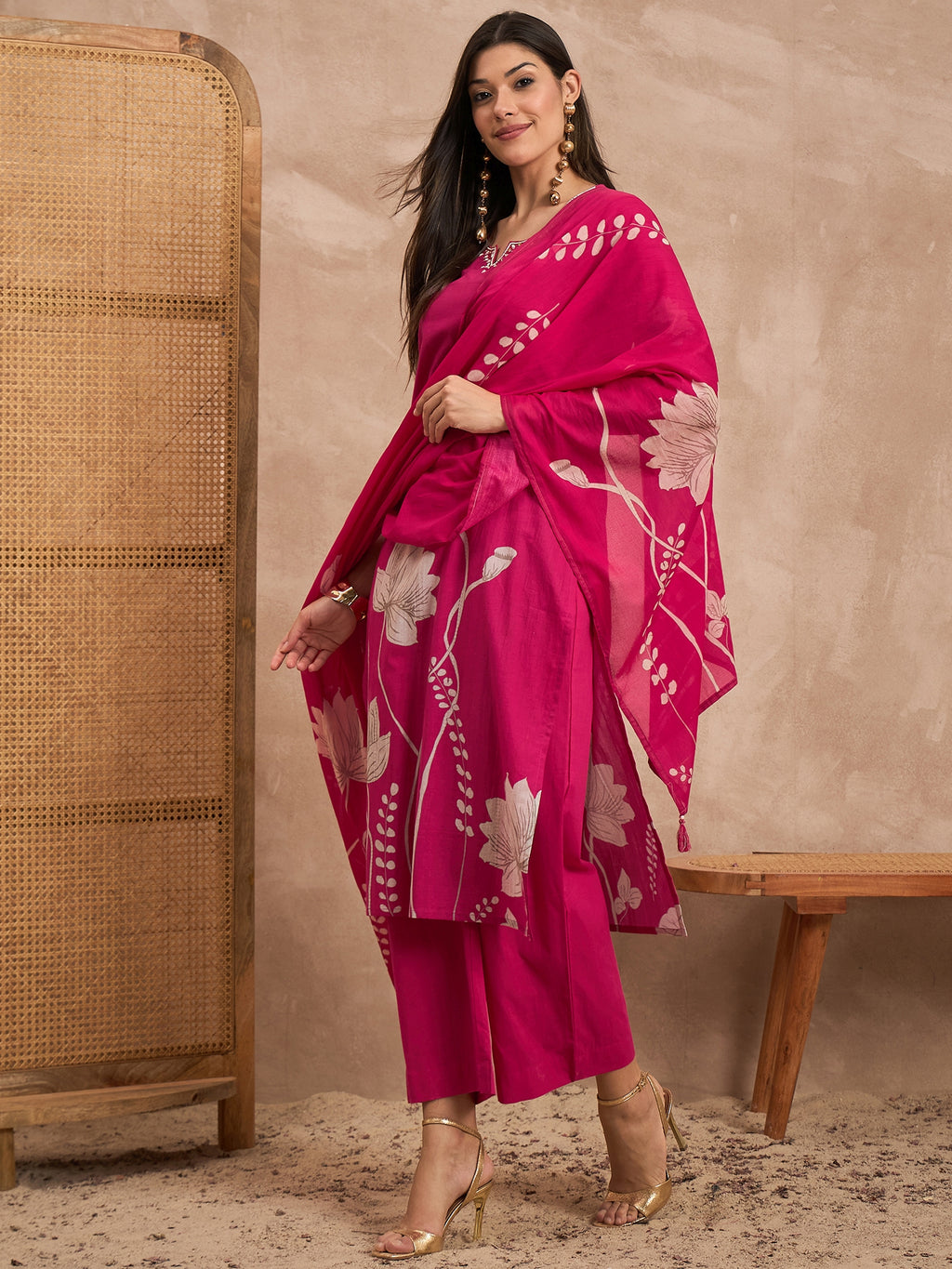 Women Floral Printed Cotton Kurta with Palazzos & Dupatta