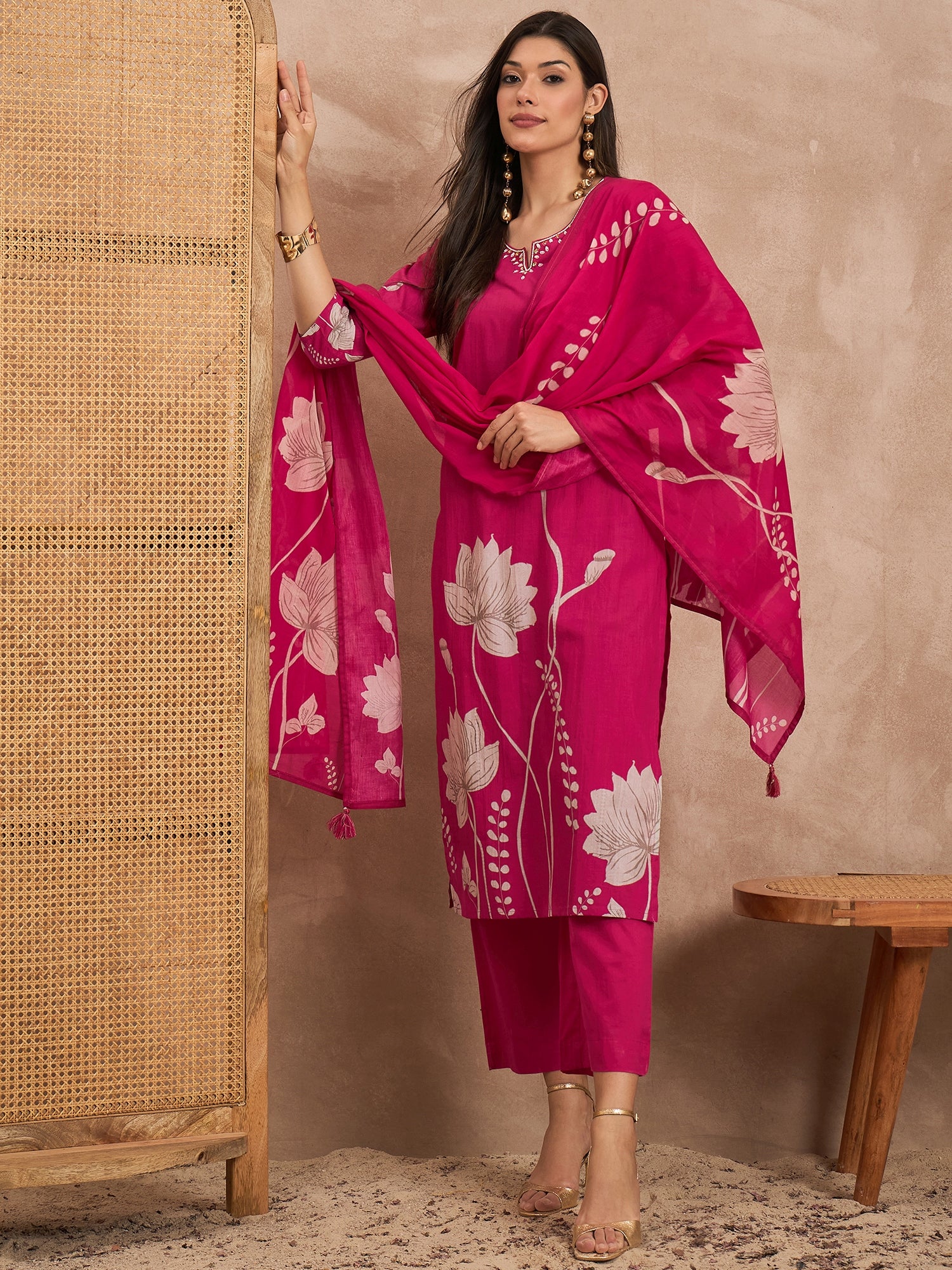 Women Floral Printed Cotton Kurta with Palazzos & Dupatta