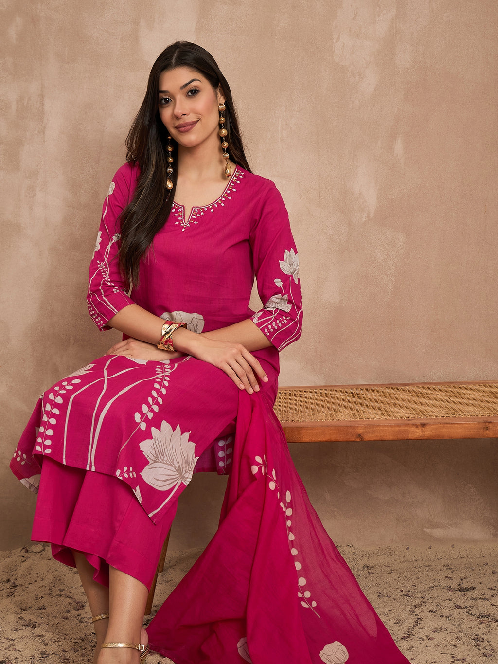 Women Floral Printed Cotton Kurta with Palazzos & Dupatta