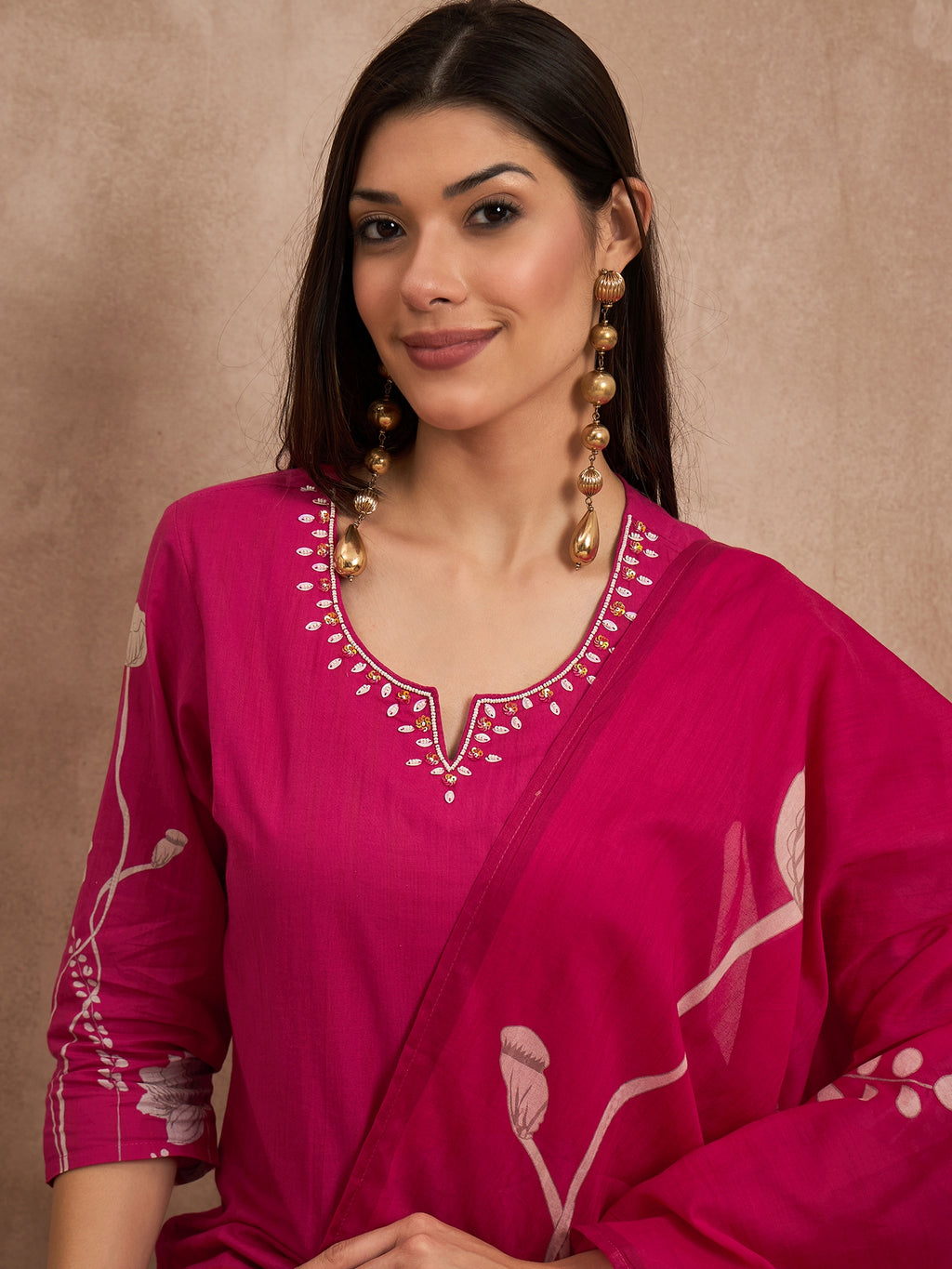 Women Floral Printed Cotton Kurta with Palazzos & Dupatta