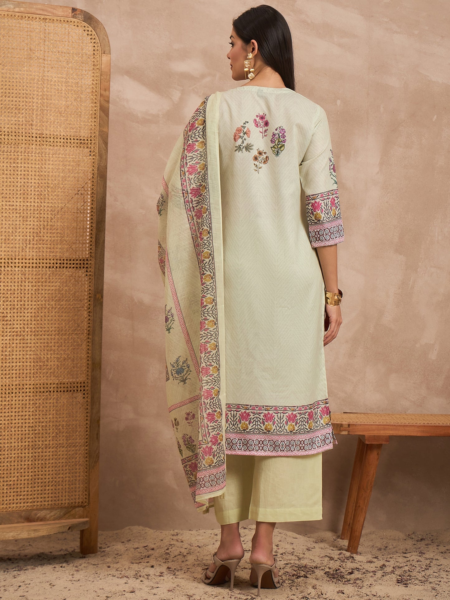 Women Floral Printed Cotton Kurta with Palazzos & Dupatta
