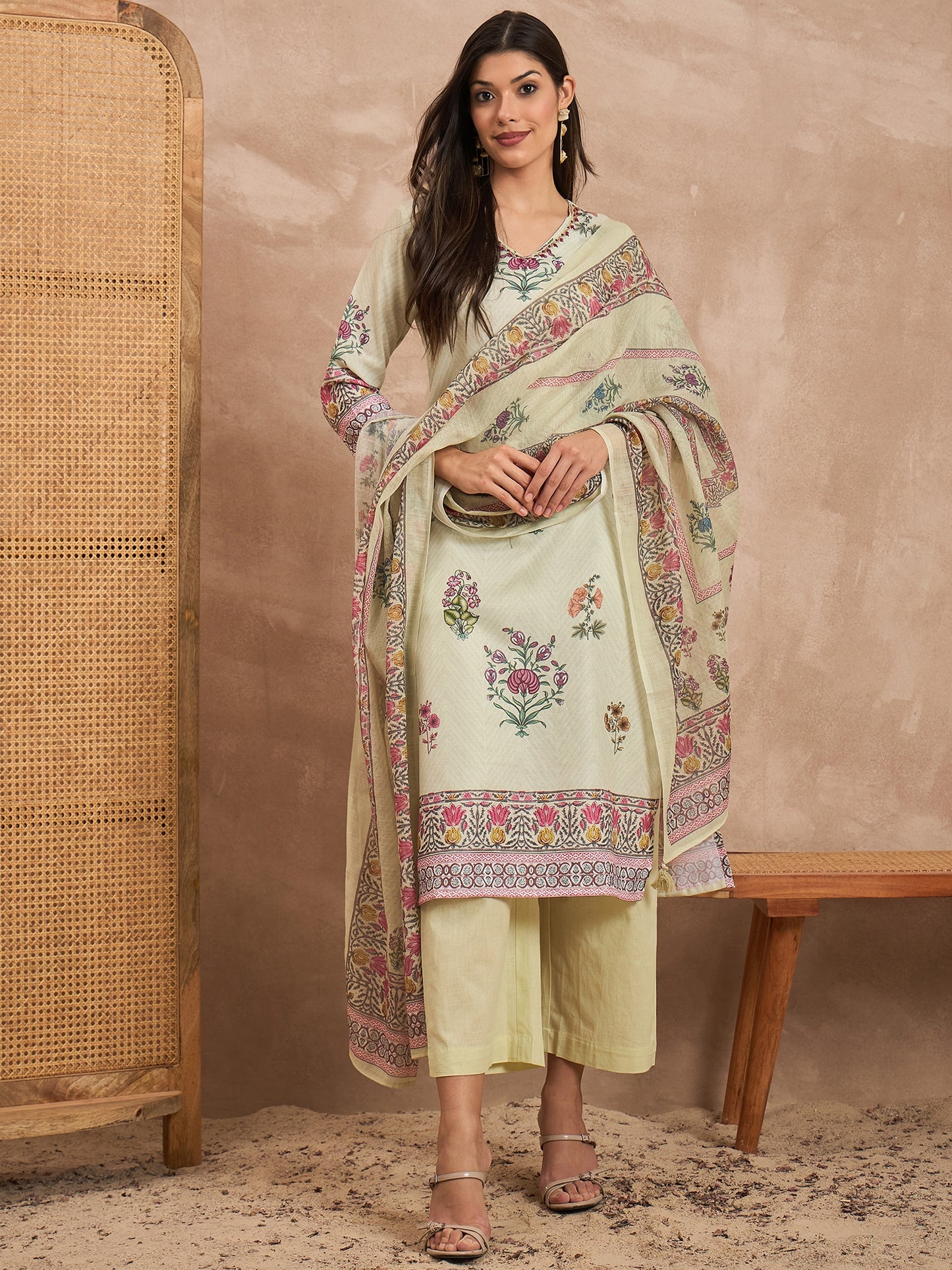 Women Floral Printed Cotton Kurta with Palazzos & Dupatta